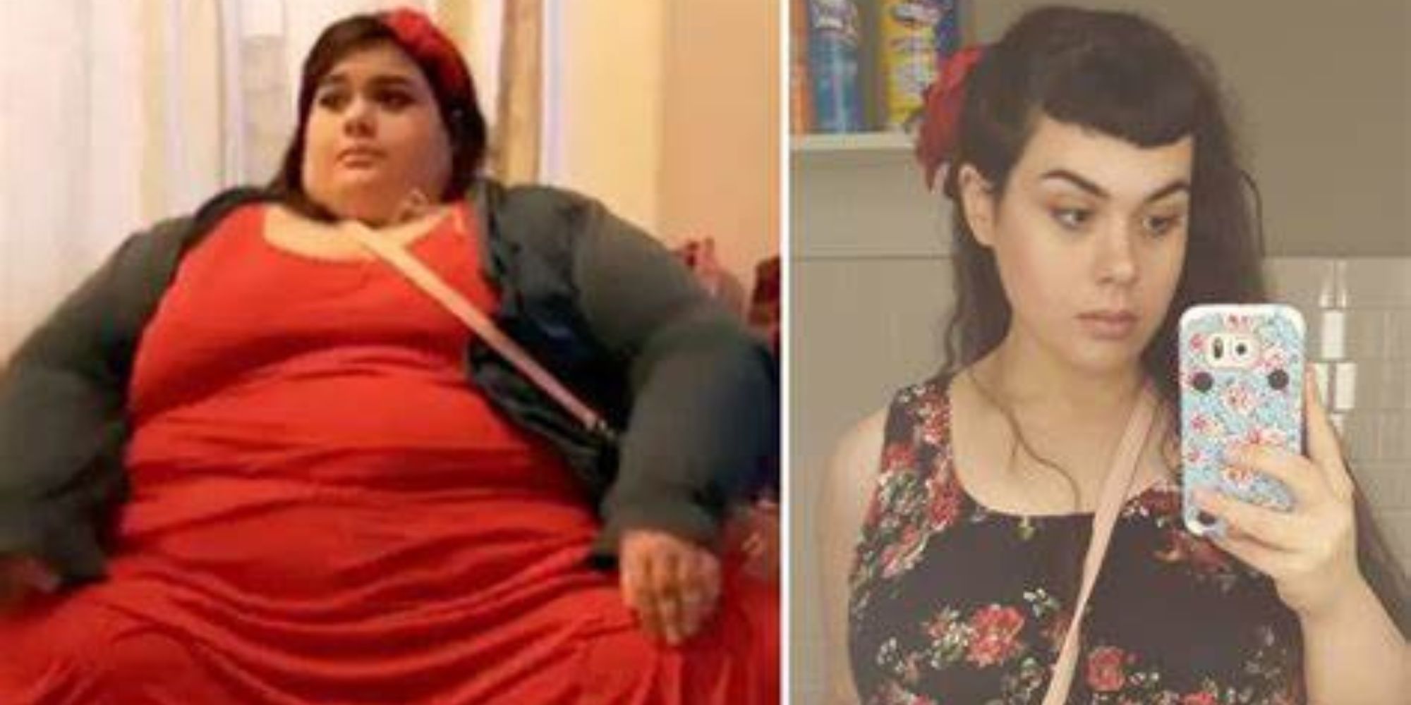 my 600-lb life amber rachdi before and after side by side photo, one mirror selfie and one still from the show