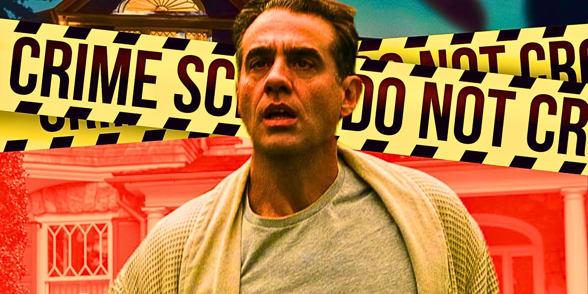 A custom image of Bobby Cannavale as Dean Brannock in The Watcher against a backdrop of scenes from the show and some crime scene tape