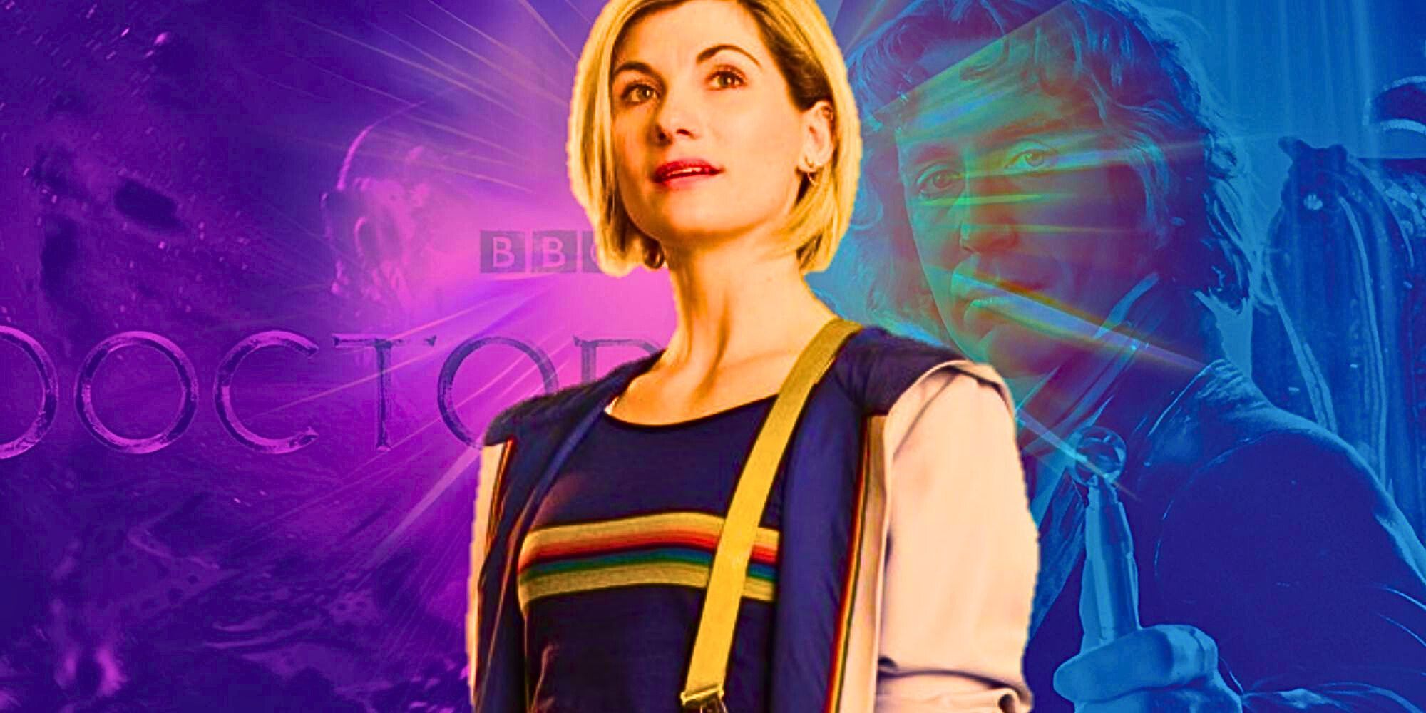 A custom image of Jodie Whittaker's Thirteen Doctor against a custom backdrop of the Doctor Who title sequence and the poster for Paul McGann's Doctor Who movie