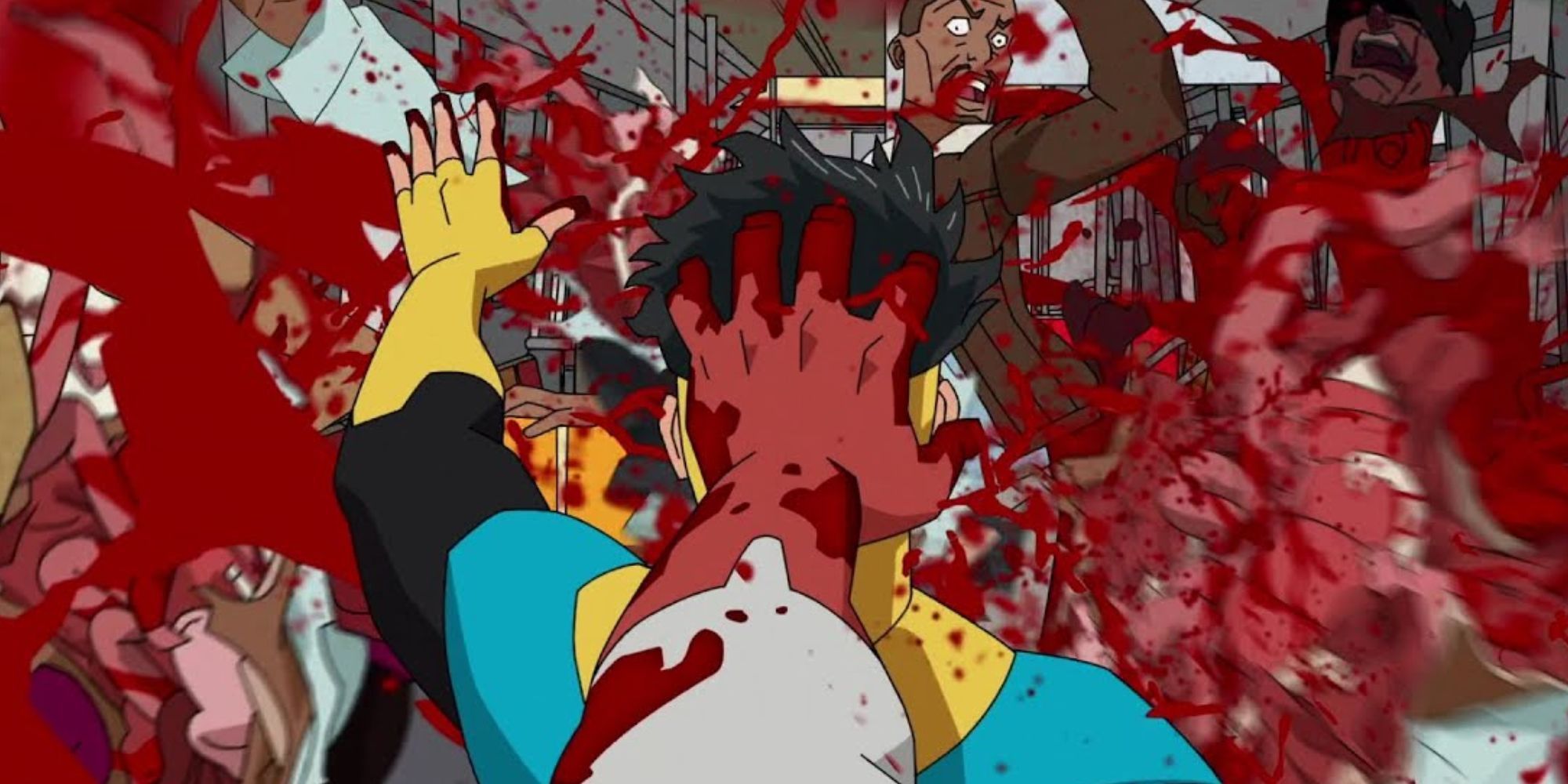 Omni-Man's hand holding the back of Mark's head against an approaching subway train in Invincible