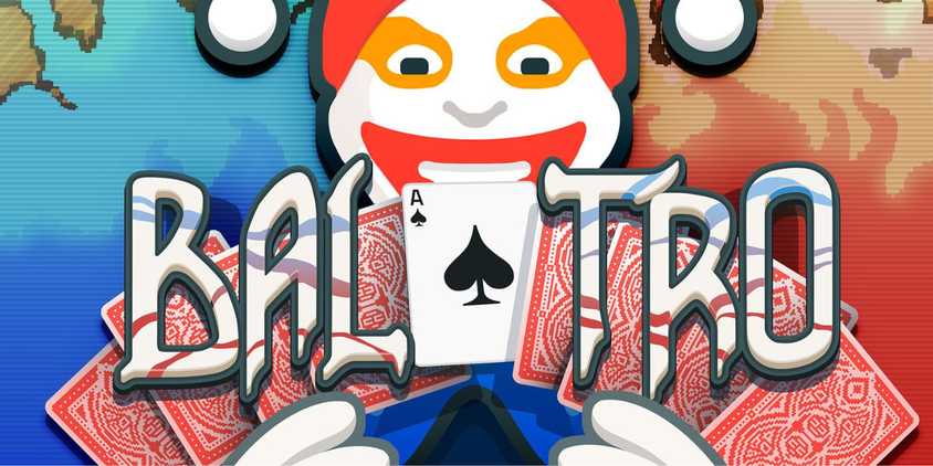 The Balatro logo with an ace of spades in the middle, held up in front of a smiling clown face.