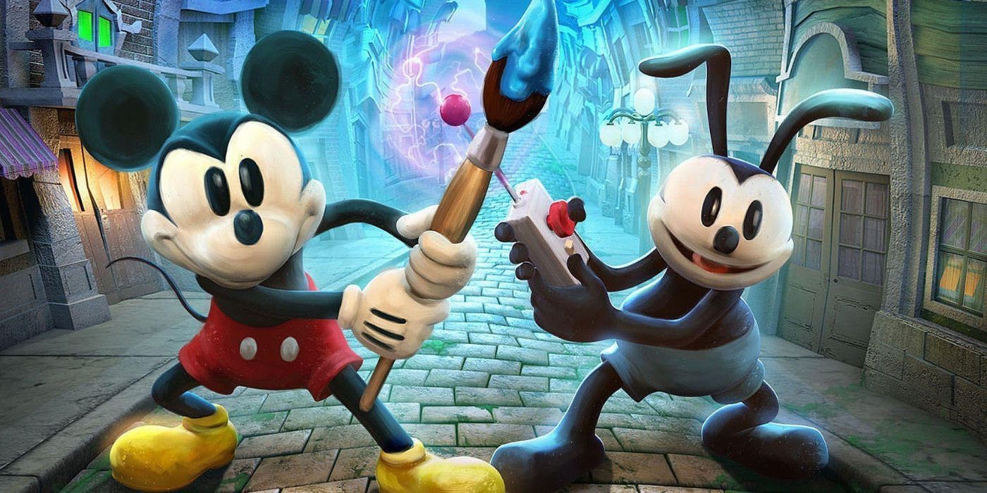 Mickey Mouse holding a paintbrush alongside Oswald the Rabbit who is holding a remote with a big red button in Epic Mickey 2