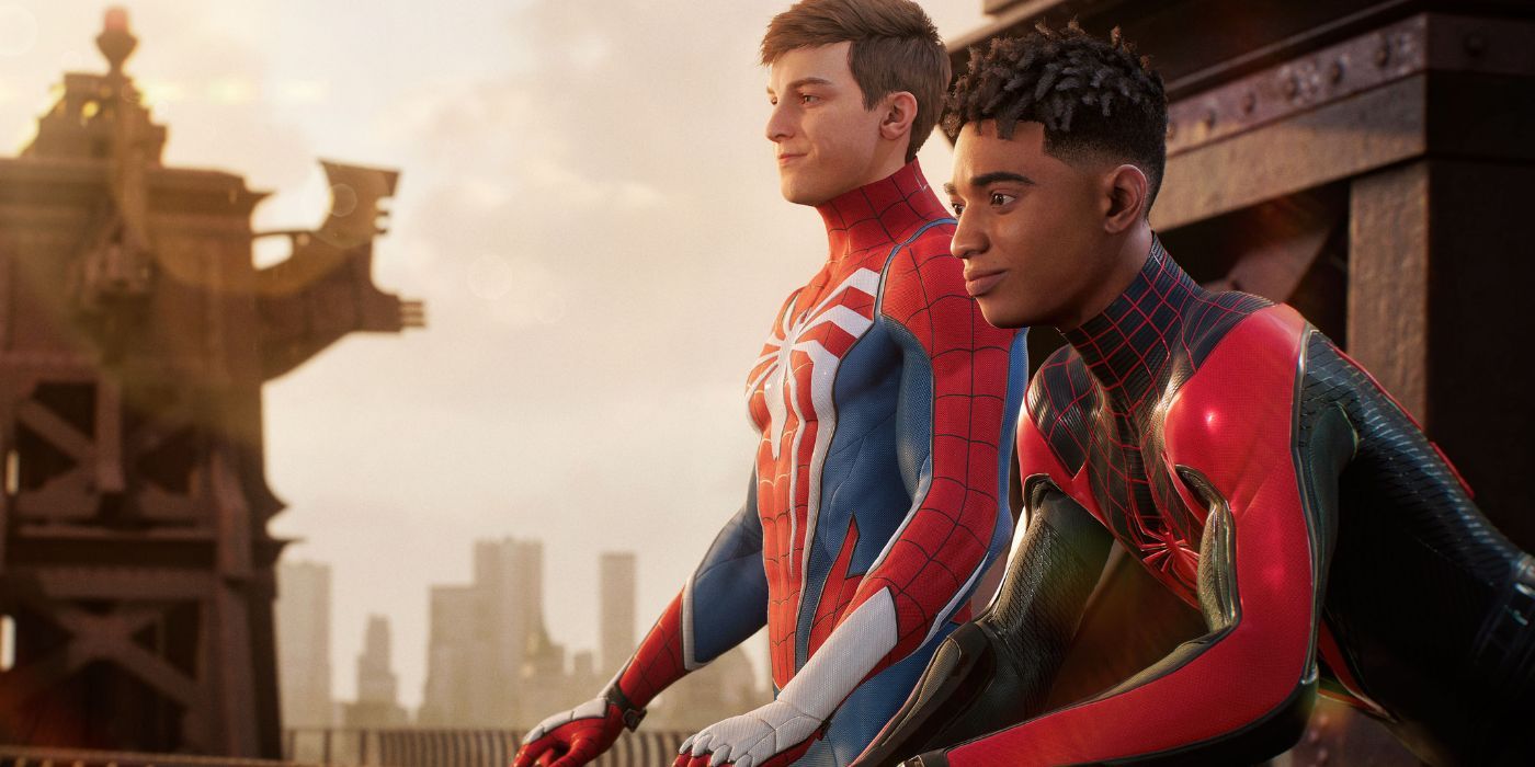 Maskless Peter Parker and Miles Morales, leaning on a railing on the top of a building in Marvel's Spider-Man 2.