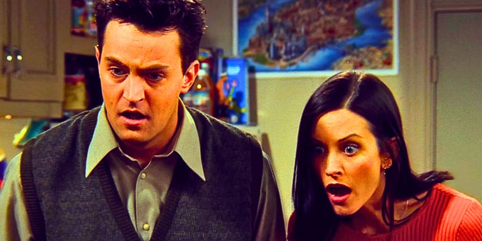 Matthew Perry as Chandler Bing and Courtney Cox as Monica Geller as they both looked shocked in Friends