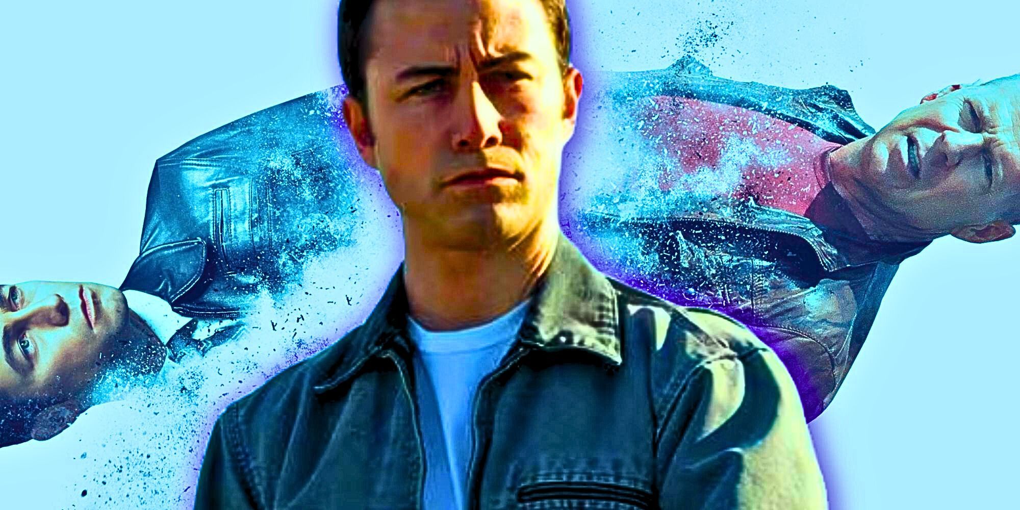 A custom image of Jason Gordon-Levitt as Young Joe in the background of the Looper poster