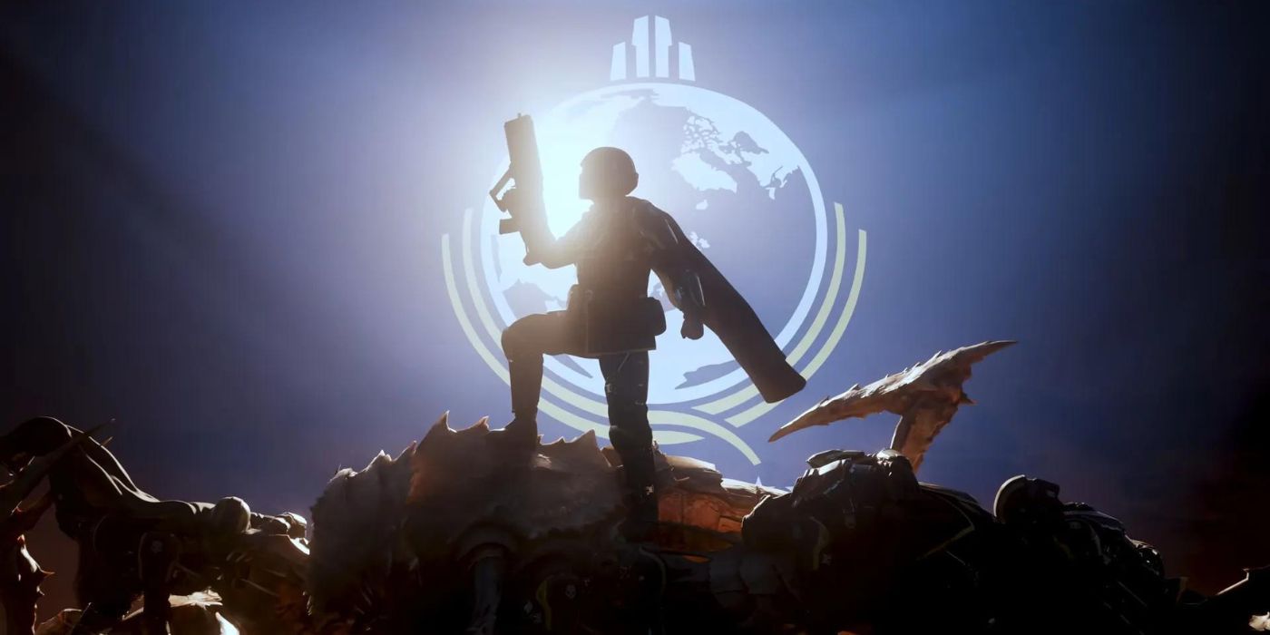 The silhouette of a Helldiver holding their rifle in one hand while posing heroically on a pile of dead alien bugs, backed by the flag of Super Earth