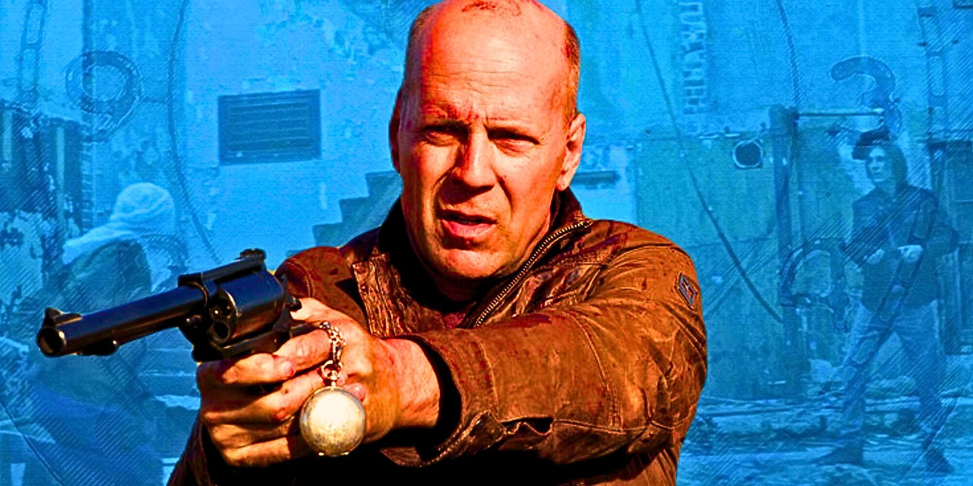 A custom image of Bruce Willis as Old Joe in Looper against a backdrop of other Looper imagery