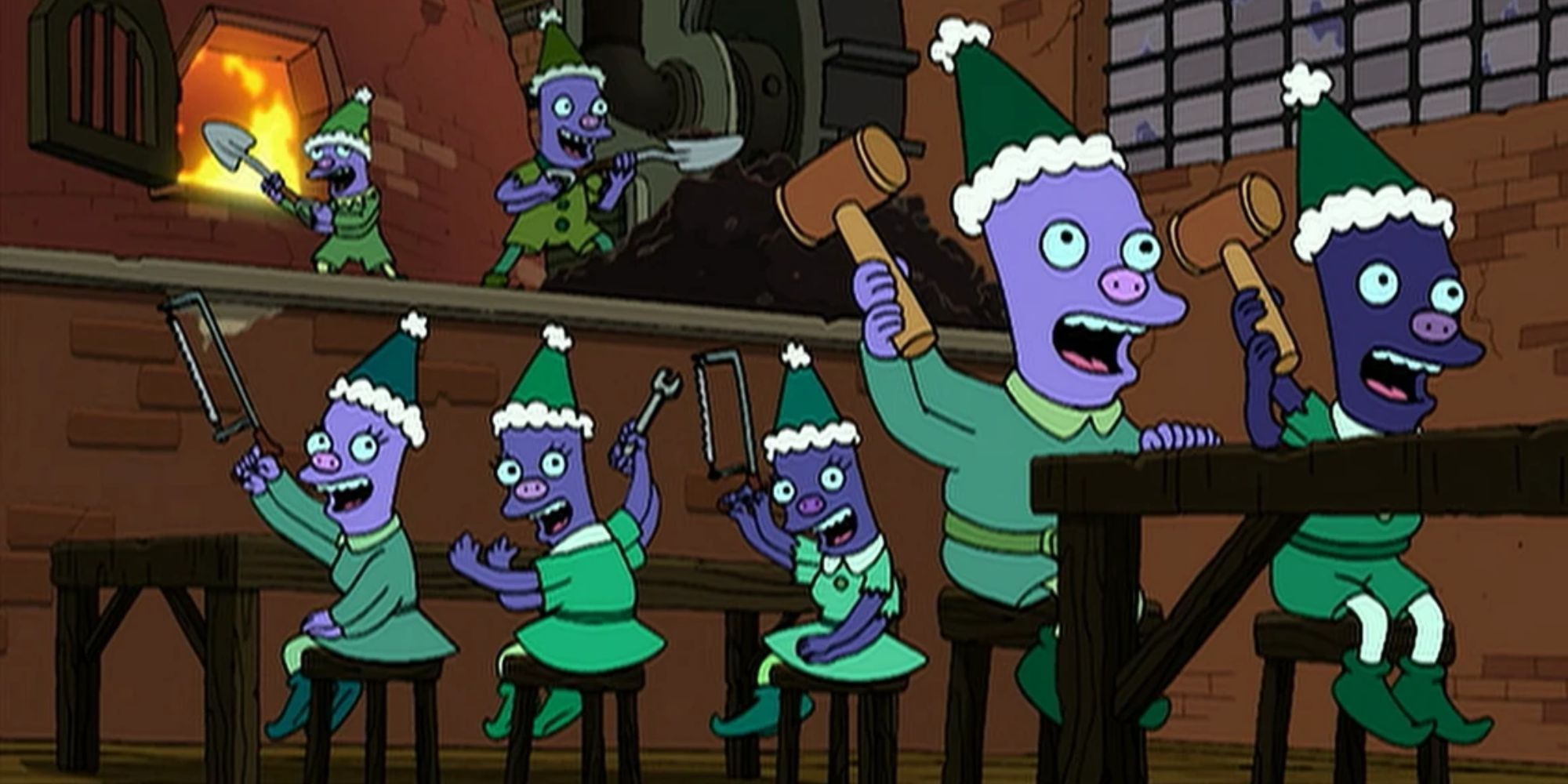 Robot Santa&rsquo;s elves looking happy and working away in Futurama