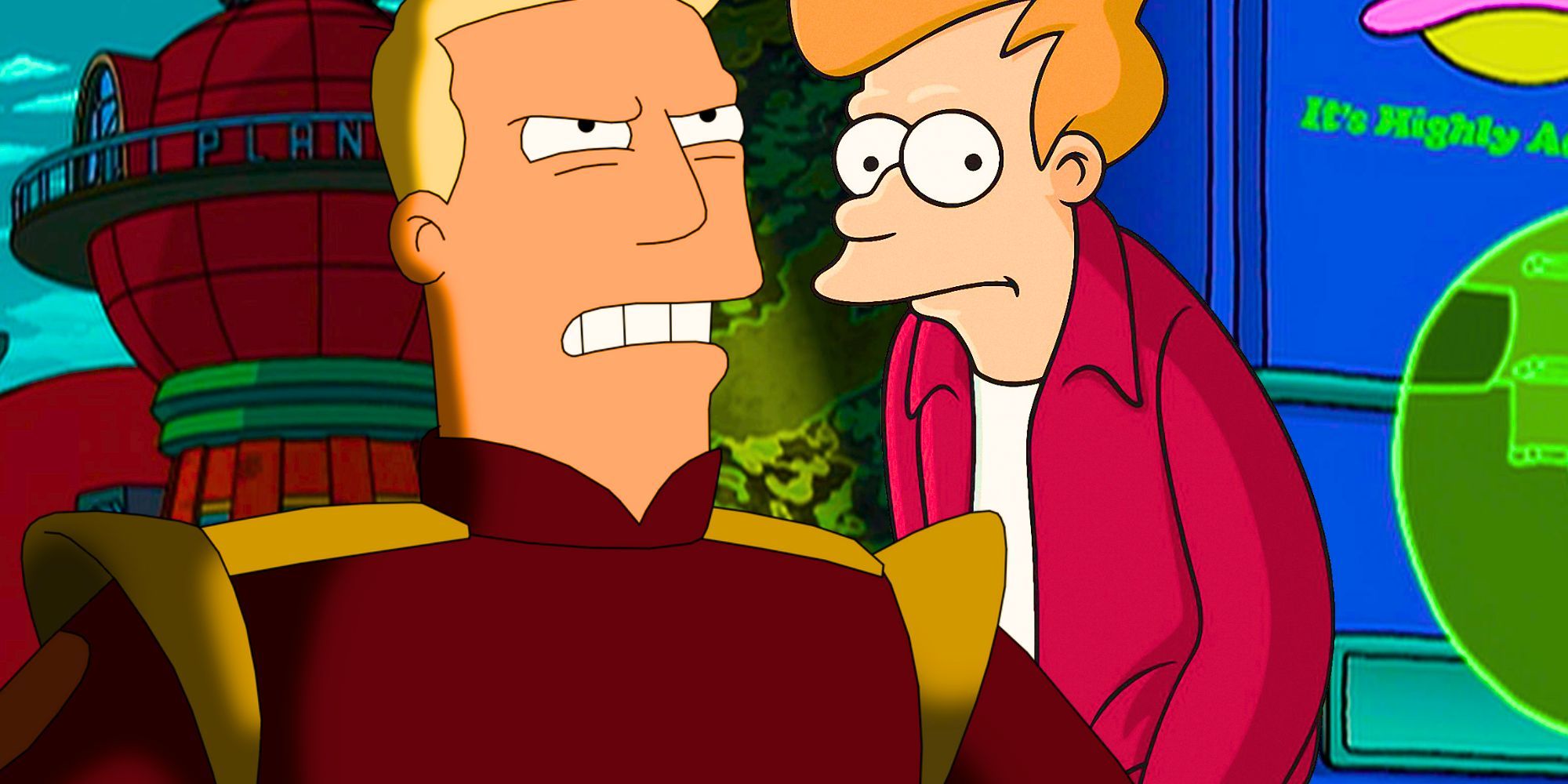 A custom image of Zapp Brannigan and Fry against a backdrop of blended Futurama imagery
