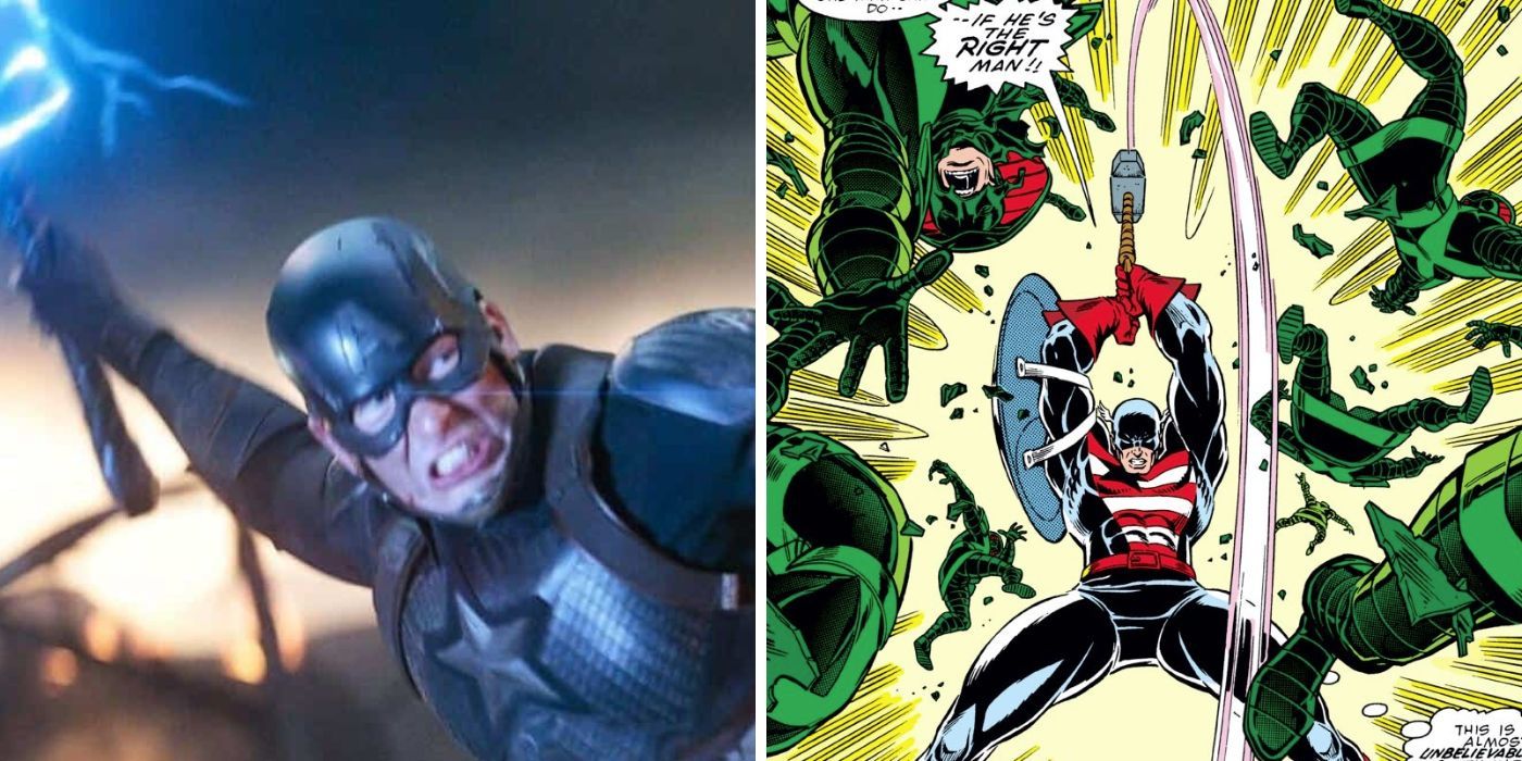 Capitão América levantando o martelo de Thor no MCU e na Marvel Comics
