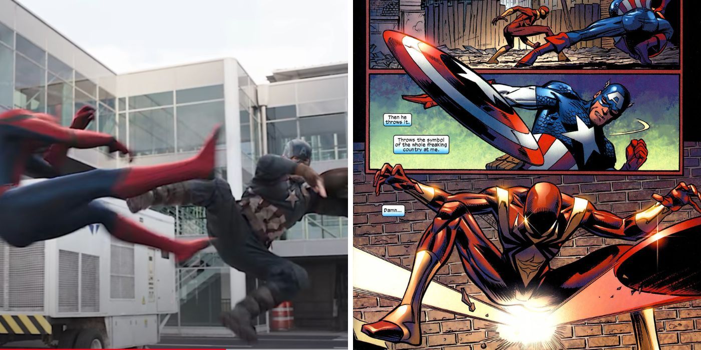 Capitão América luta contra o Homem-Aranha durante a Guerra Civil no MCU e na Marvel Comics