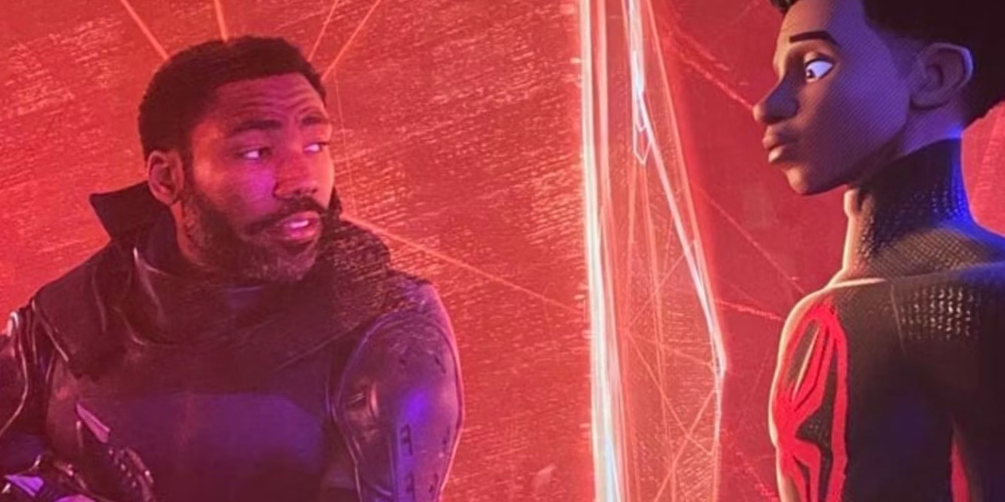 Donald Glover as the Prowler stares down at the animated Miles Morales in Spider-Man: Across the Spider-Verse