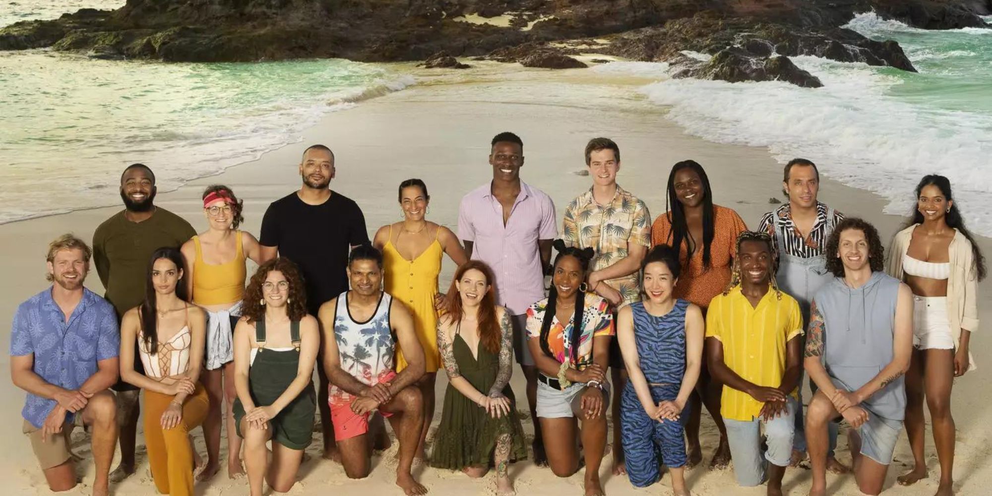 survivor 46 cast posing for promo pic on the beach