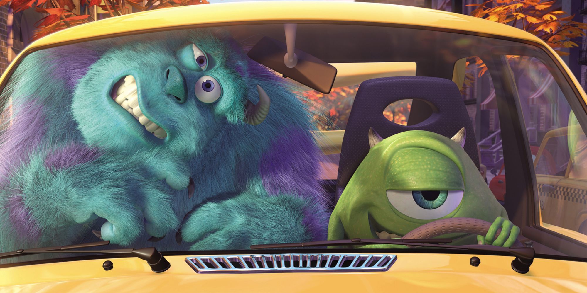 Mike looking happy in his new car as Sulley looks in pain due to the car's small size in the Mike's New Car animated short