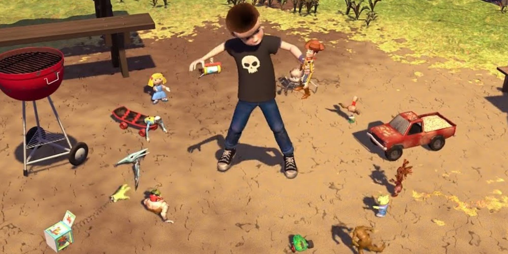 Sid em Toy Story sendo confrontado por sua sinistra coleção de brinquedos