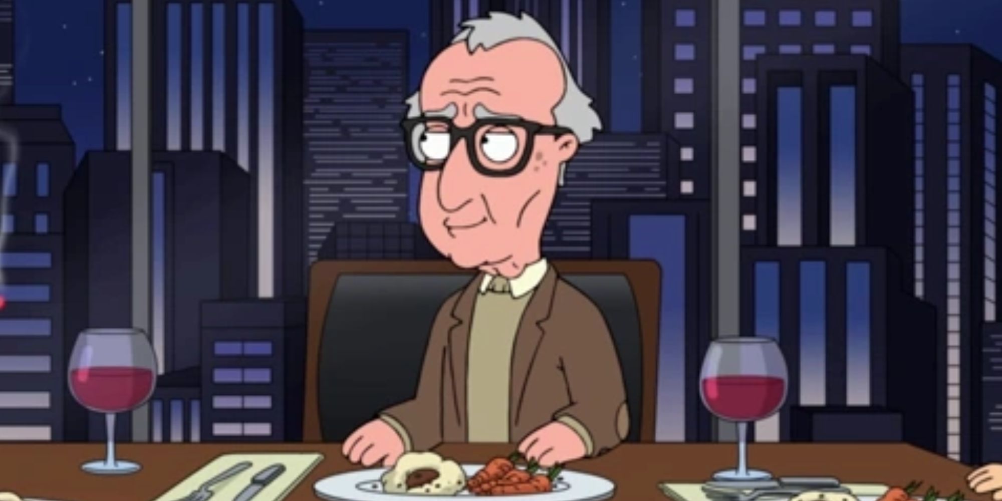 Woody Allen in Family Guy eating dinner