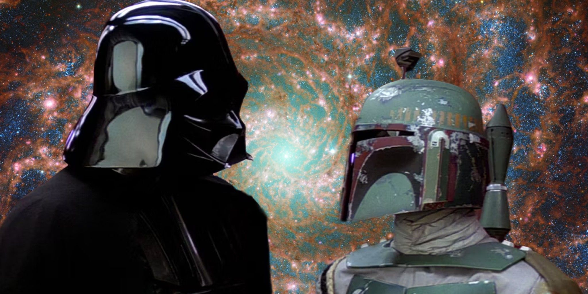 Darth Vader and Boba Fett standing face to face against a backdrop of a celestial body in Star Wars: Episode V - The Empire Strikes Back