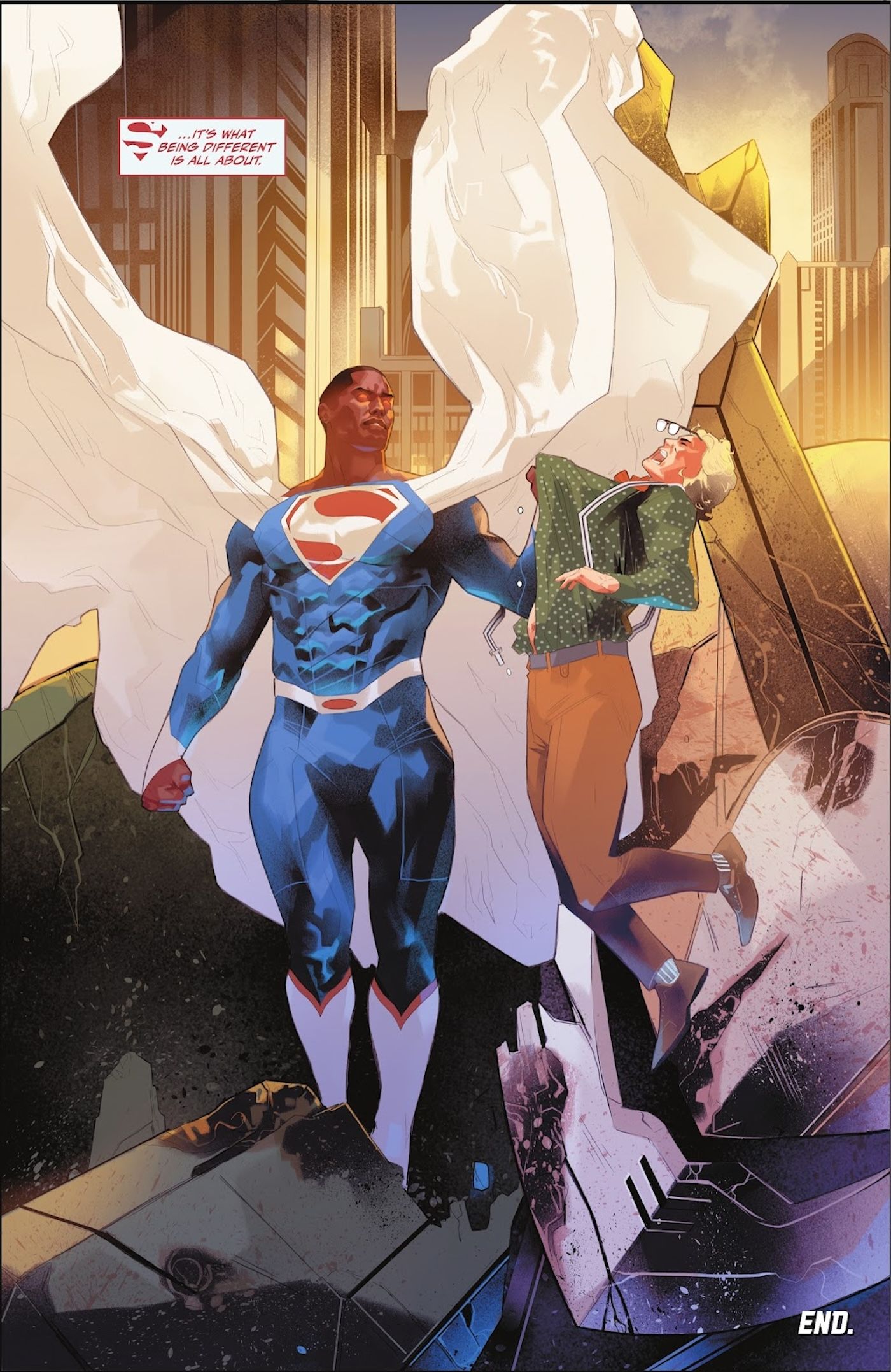 Comic book page: Superman Val-Zod in a white cape holds a villain.