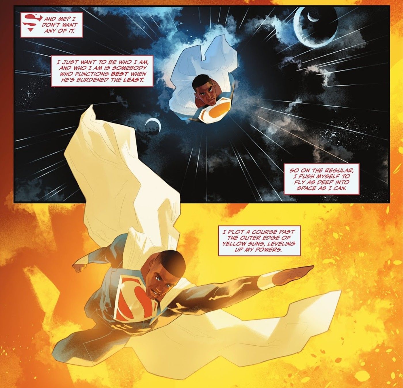 Comic book panels: Superman Val-Zod flies through space.
