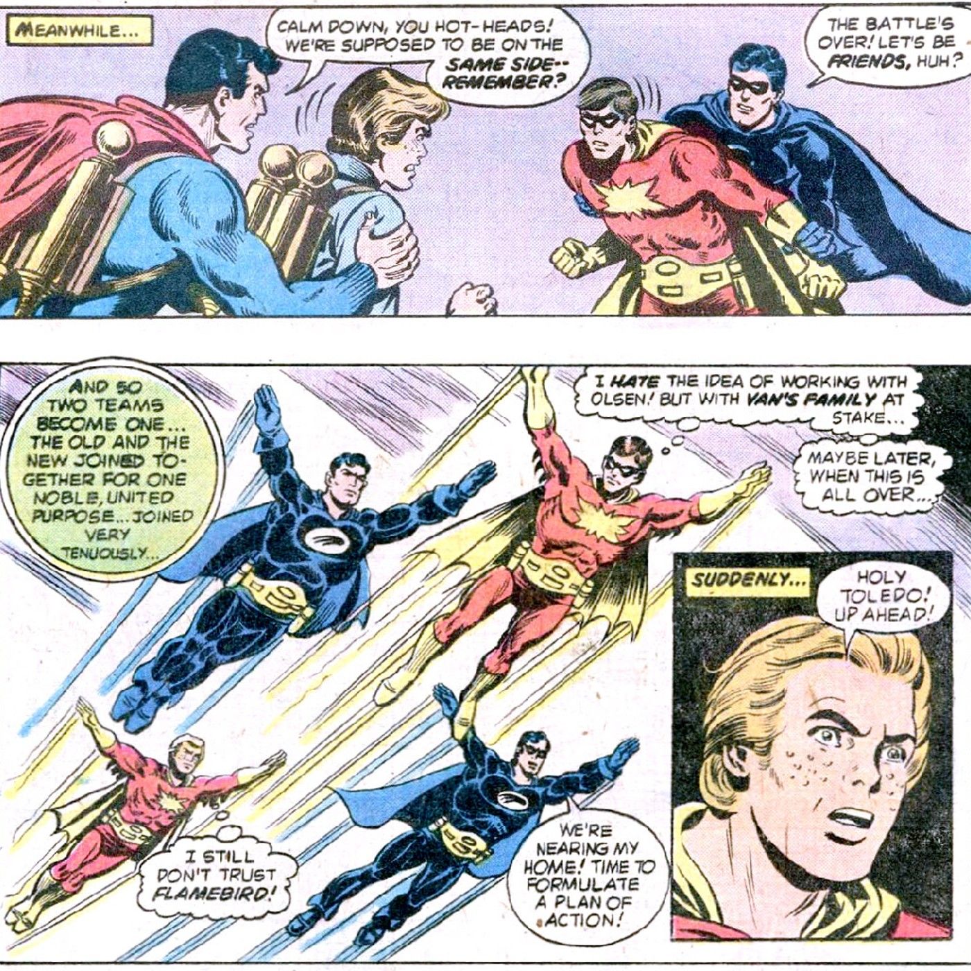 Van-Zee and Ak Var Nightwing and Flamebird work with Superman and Jimmy Olsen