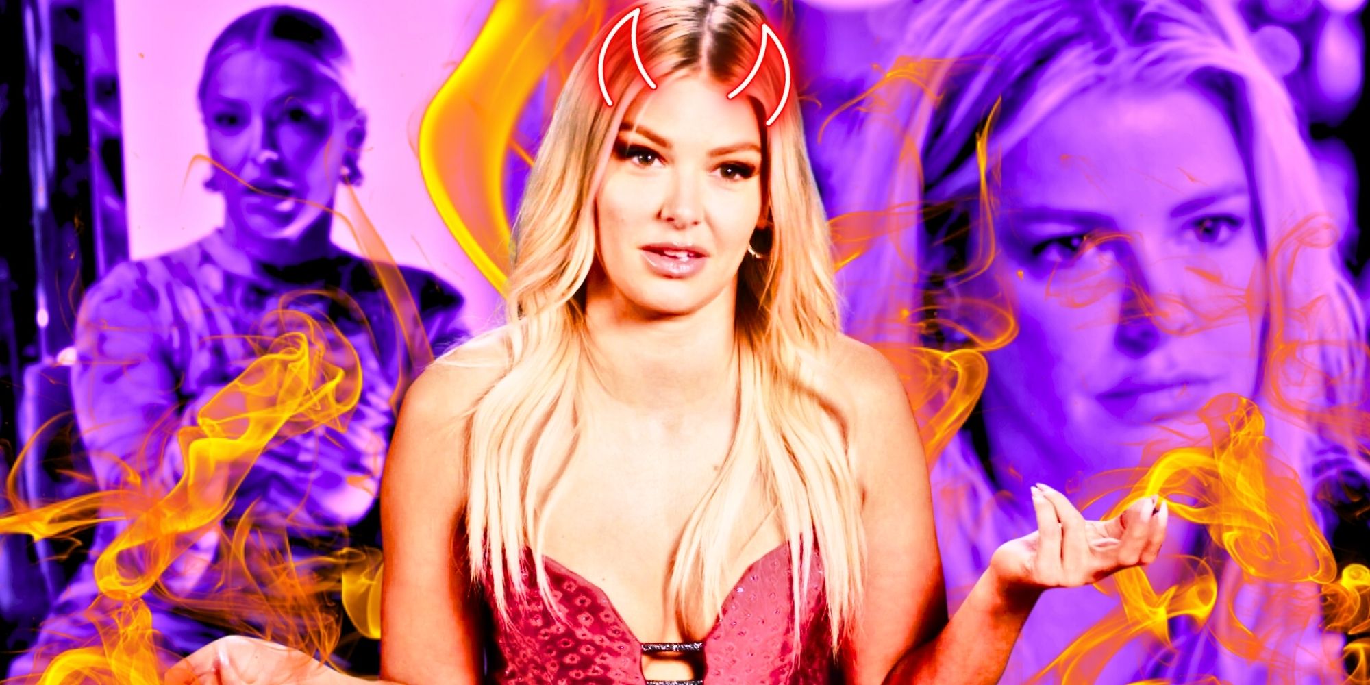 Vanderpump Rules' Ariana Madix in a montage with a purple bakcground and flames, with horns on her head.