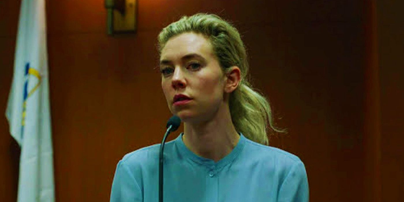Vanessa Kirby as Martha Weiss at a microphone in Pieces of a Woman