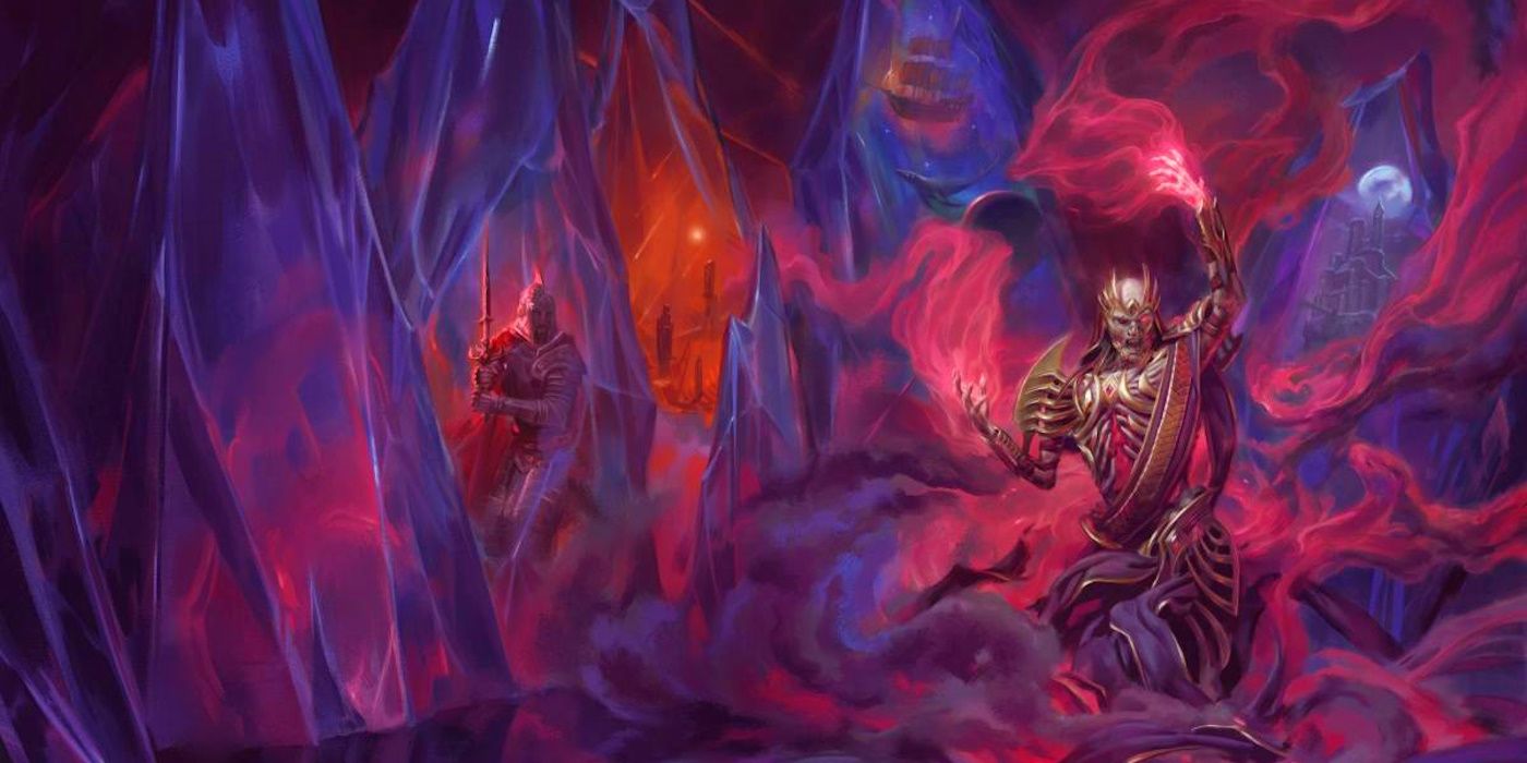 Vecna casts a spell capturing a knight in strange purple crystals