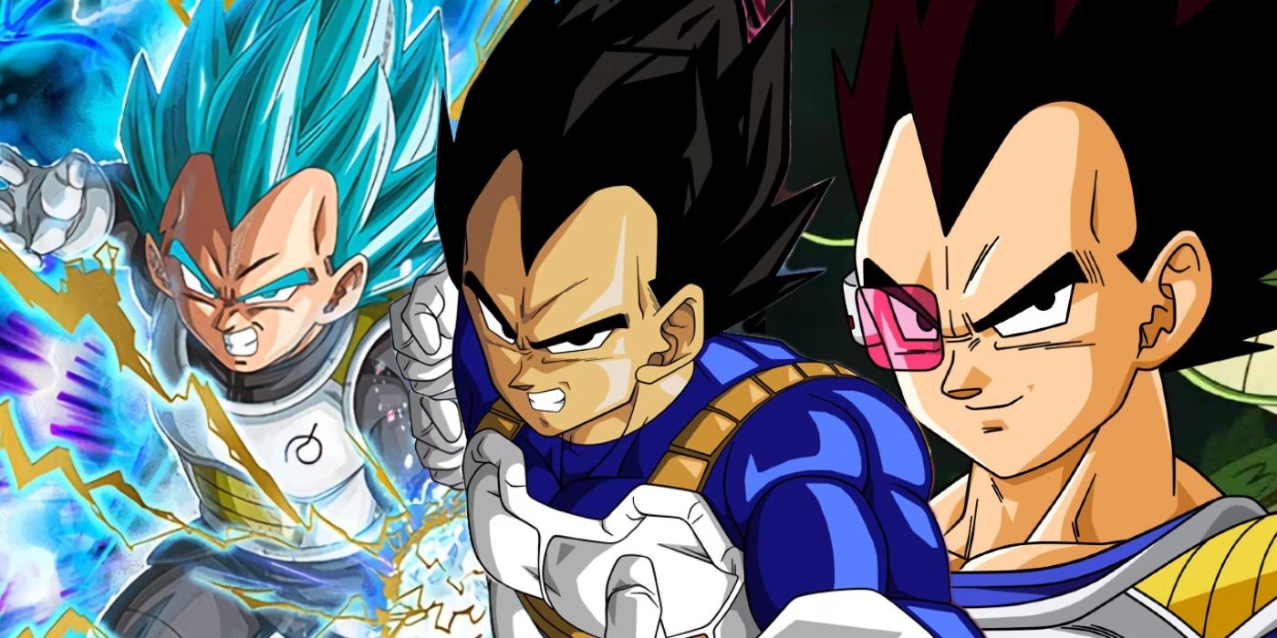 Super Saiyan Blue Vegeta to the left of a centered base-form Vegeta next to Vegeta with a scouter an armor of the right