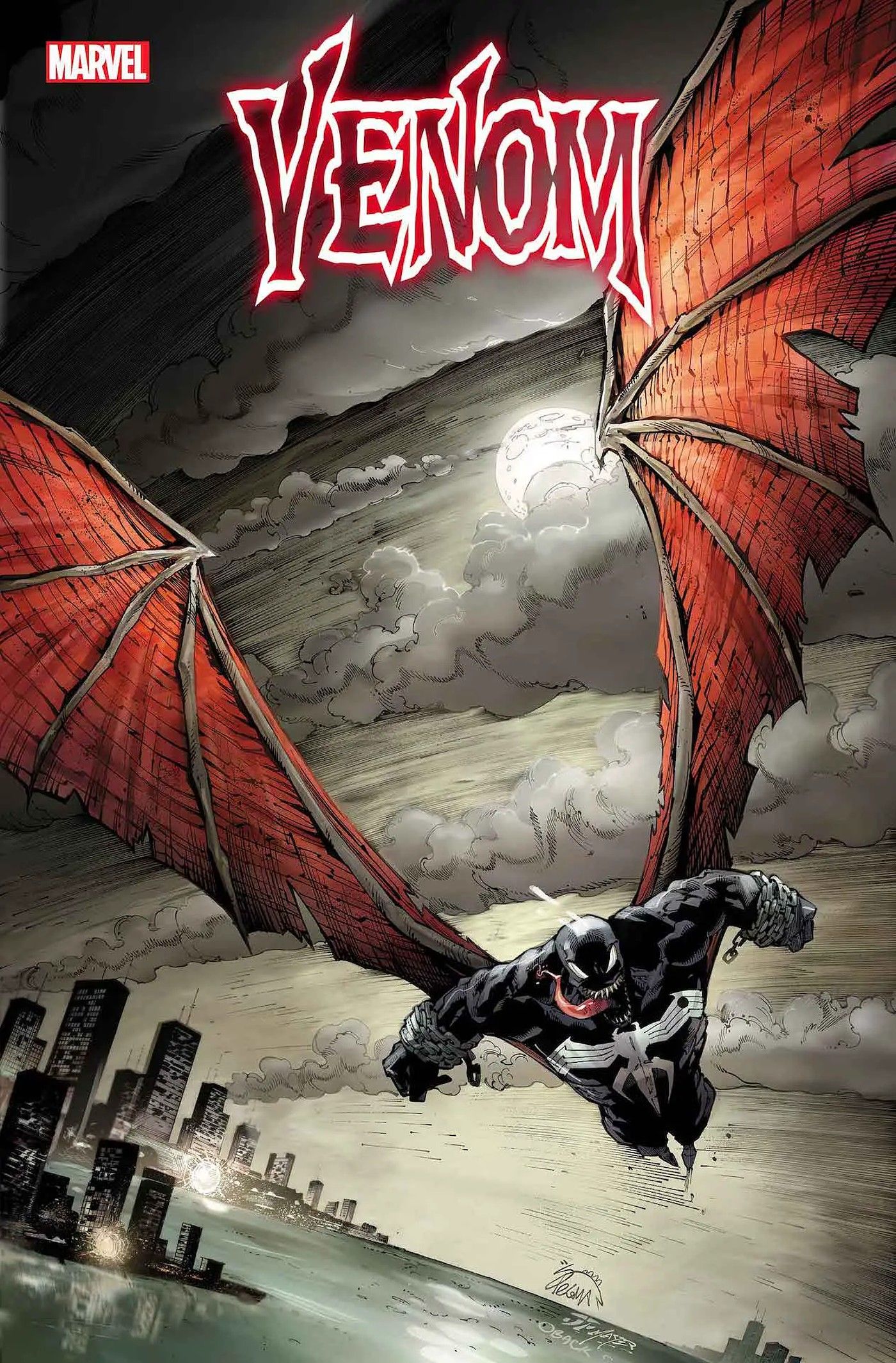 Venom #32, capa variante de Ryan Stegman apresentando Venom alado voando sobre o Rio Hudson