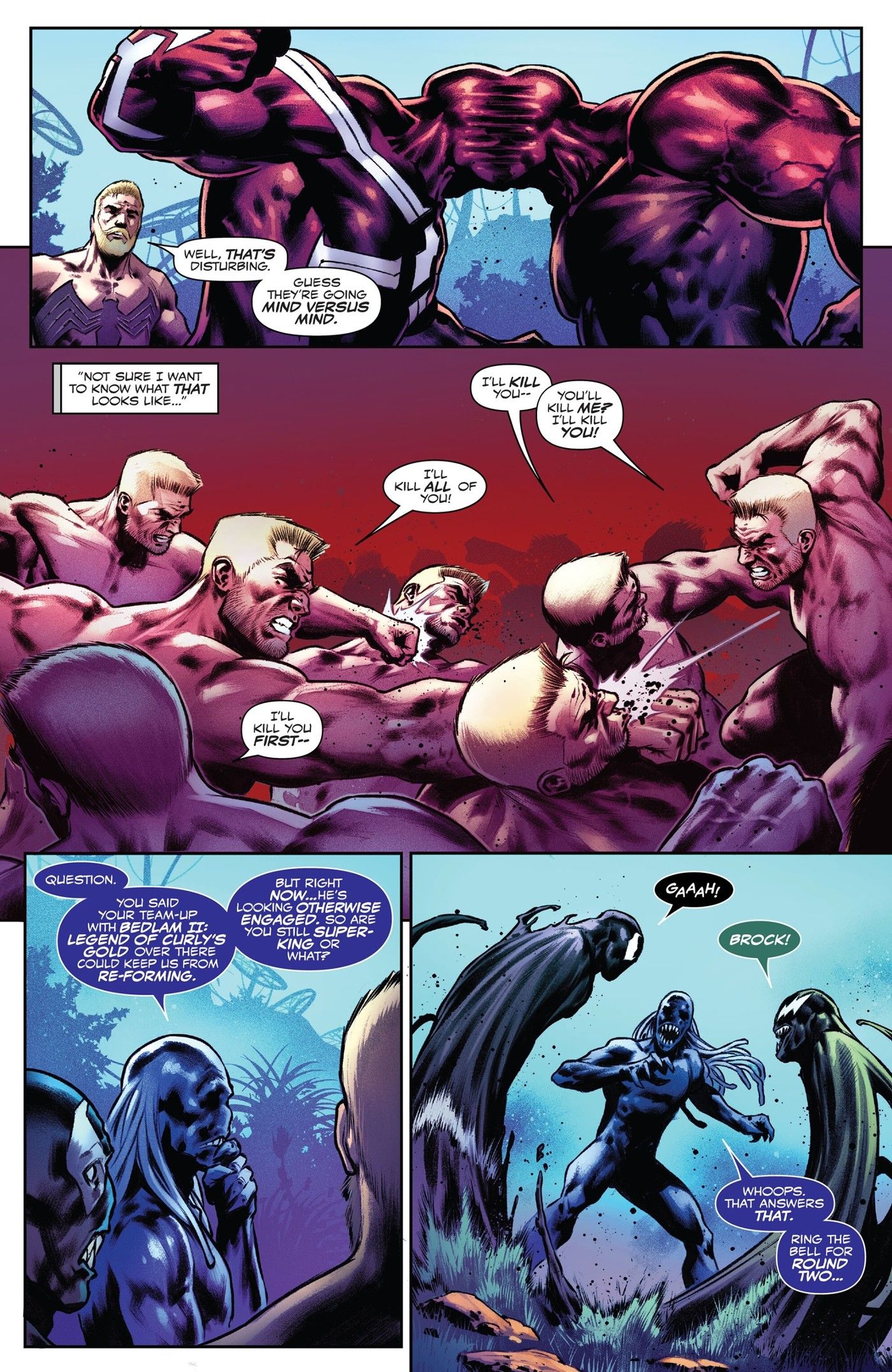 Quatro painéis de Eddie Brock testemunhando uma batalha de simbiontes.  Dois deles estão unidos pelos rostos, travando uma batalha mental.