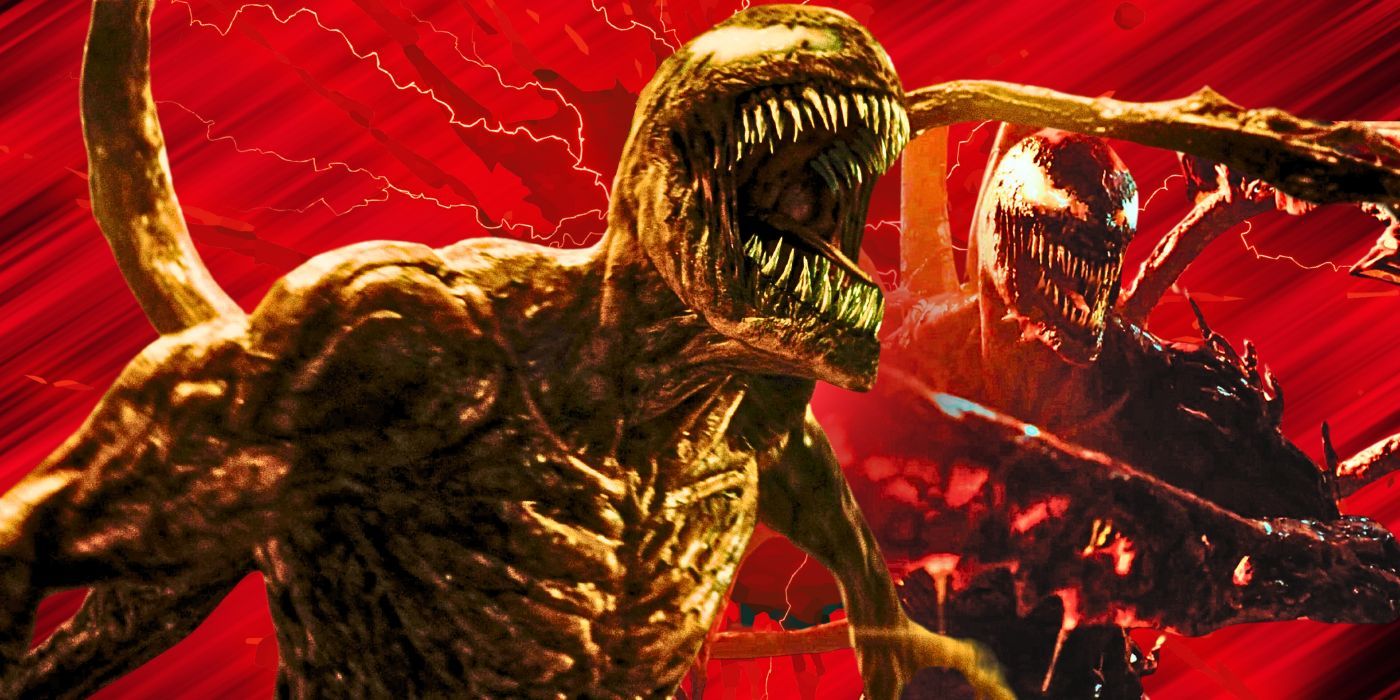 Imagem dividida de Carnage e Venom no universo do Homem-Aranha da Sony