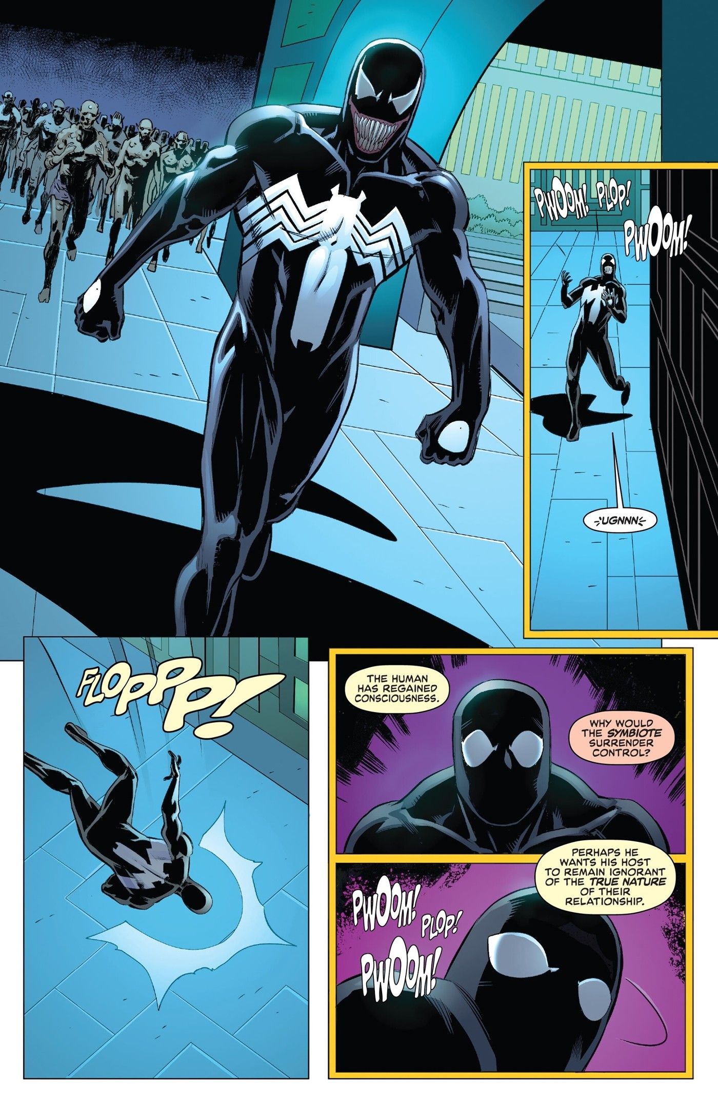 Five panels of Venom leading an army