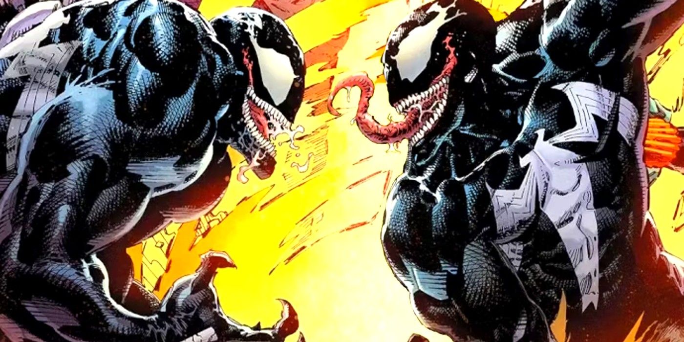 Venom vs. Venom against a fiery backdrop, prom imagine for upcoming Venom War