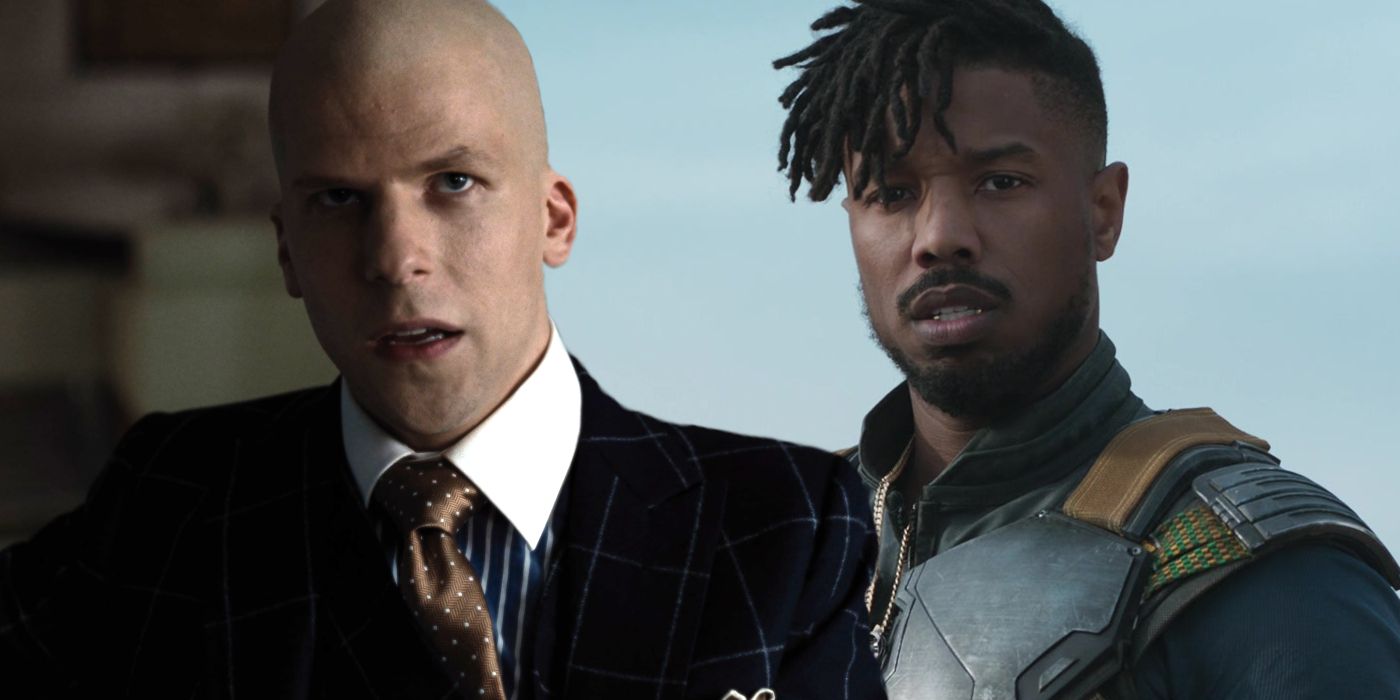 Split image of Jesse Eisenberg as Lex Luthor in Zack Snyder's Justice League and Michael B. Jordan as Erik Killmonger in Black Panther