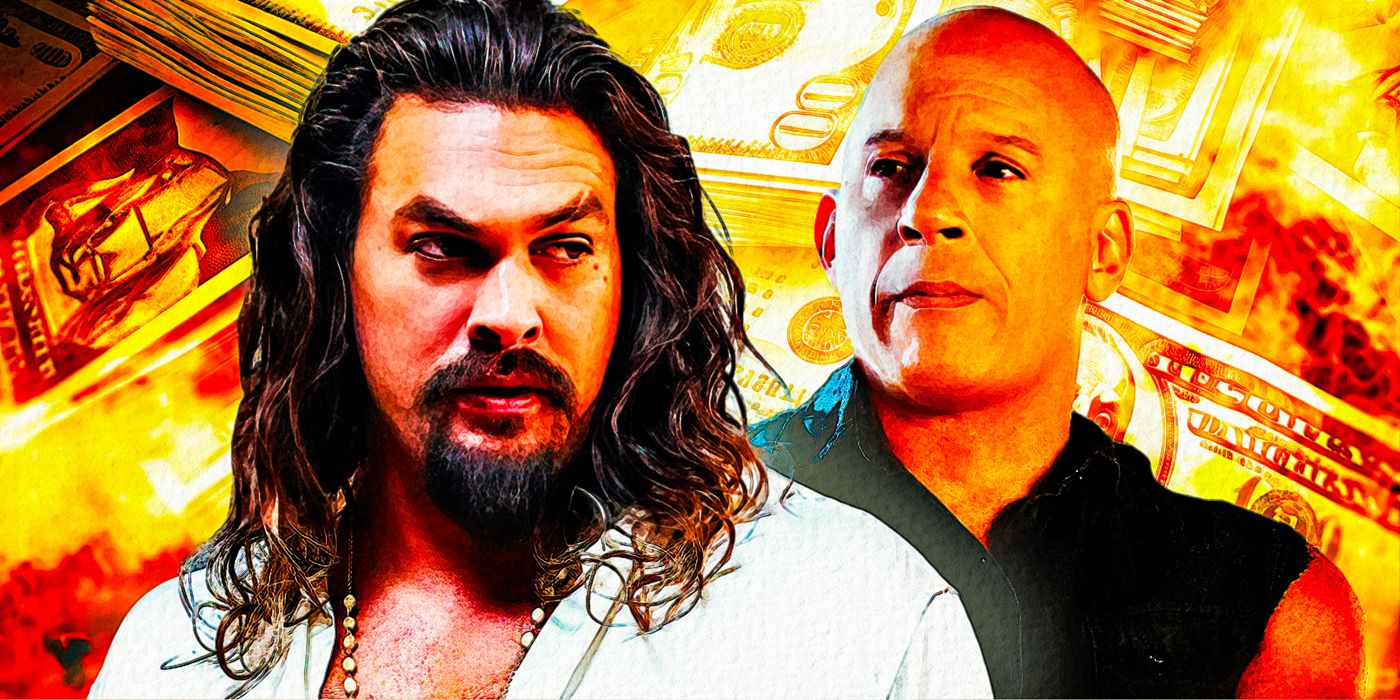 Jason Momoa as Dante and Vin Diesel as Dominic Toretto in Fast X in front of a custom background