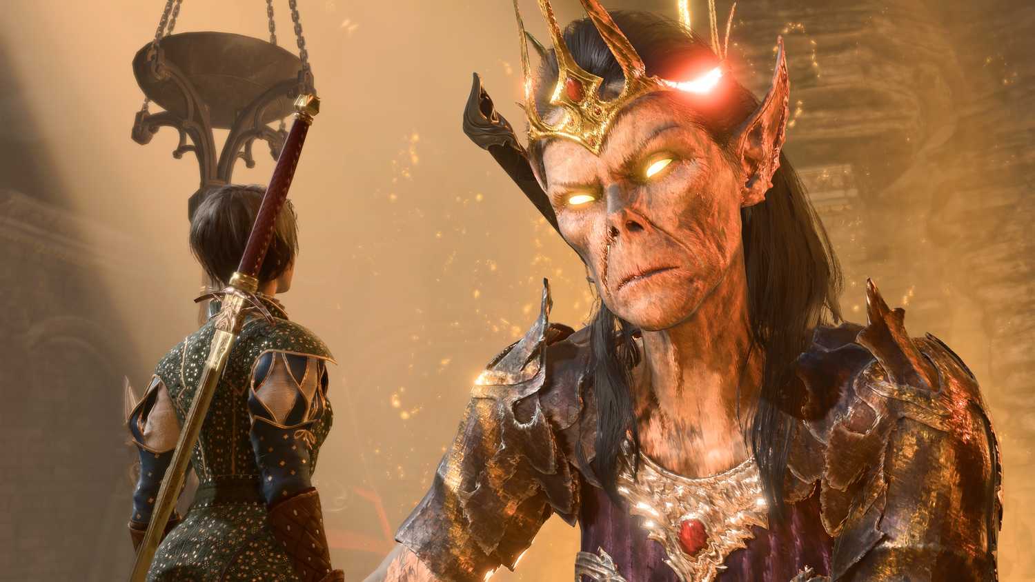 Vlaakith Kneeling Down To Face Female Bard In Creche Y'llek In Baldur's Gate 3