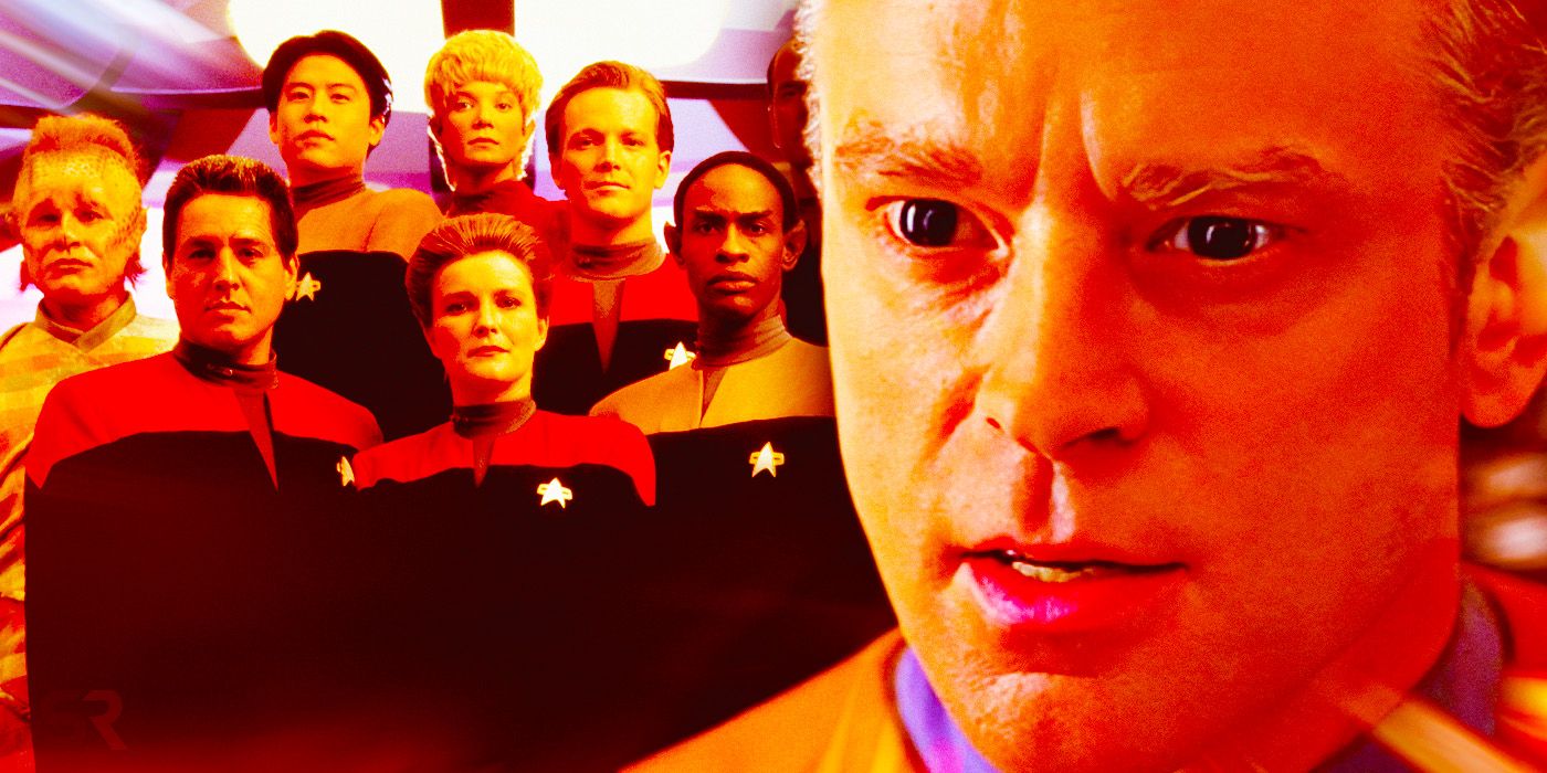Lon Suder (Brad Dourif) looks creepily towards the camera with the Star Trek: Voyager cast in the background.