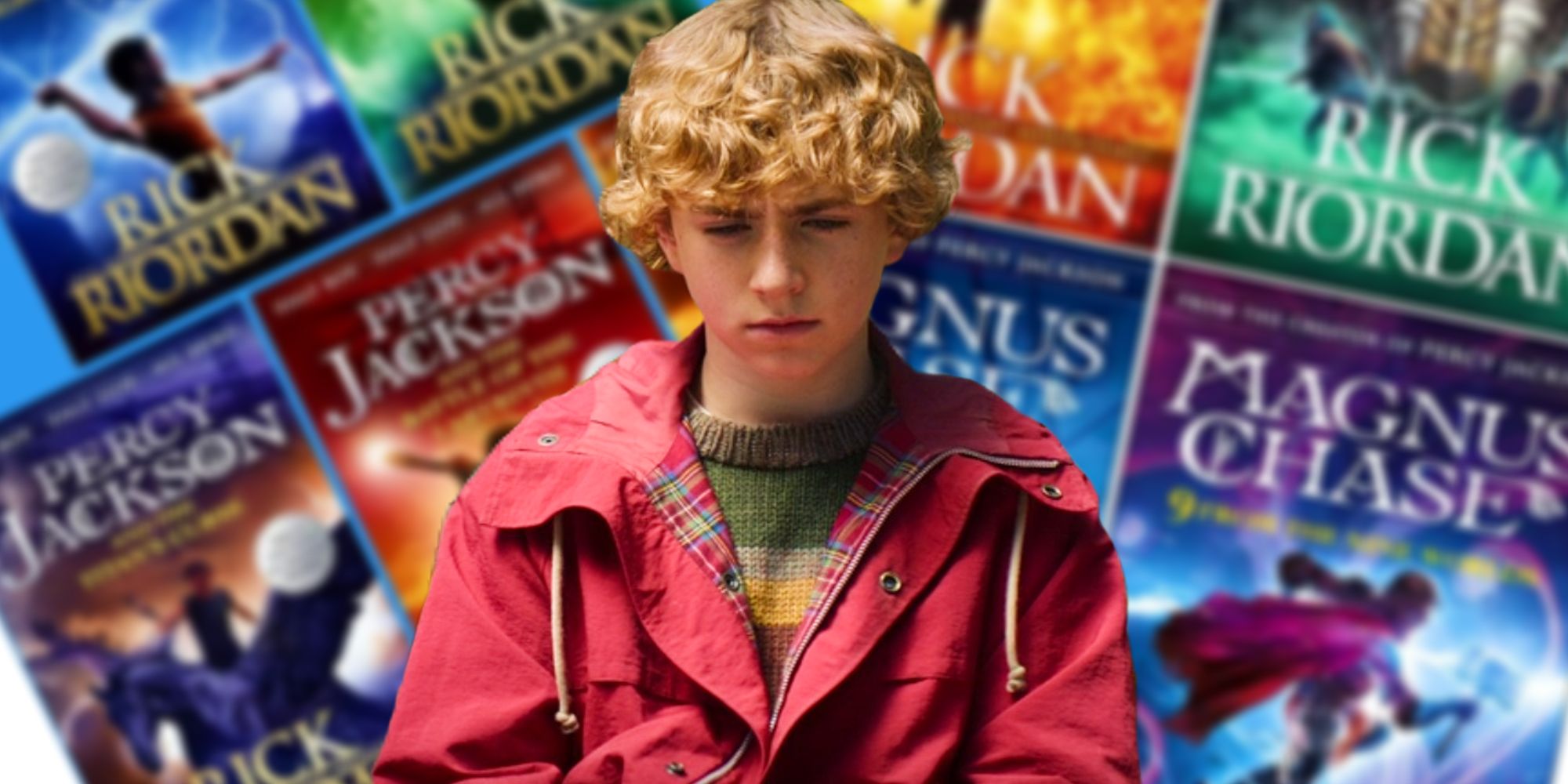 Walker Scobell as Percy Jackson between blurred images of the Percy Jackson and Magnus Chase books