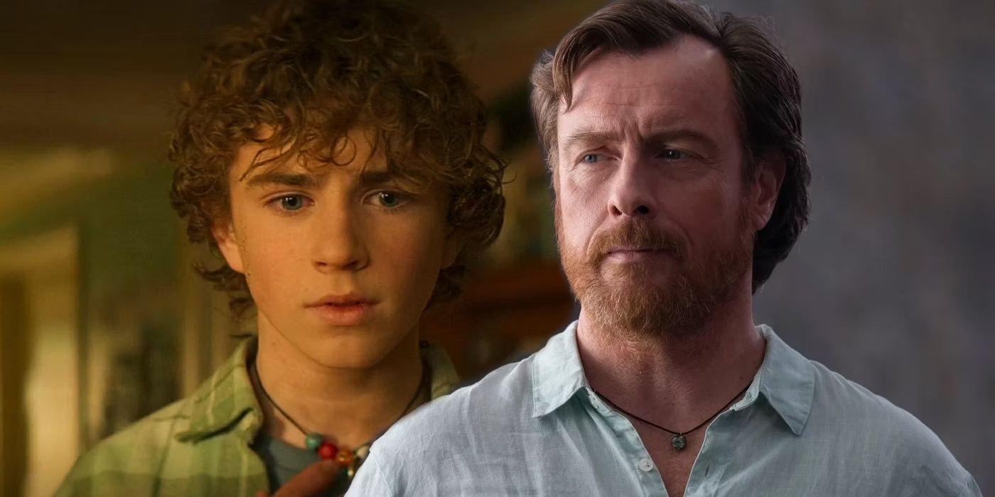 Walker Scobell as Percy Jackson touching his necklace next to Toby Stephen as Poseidon looking stoic in Percy Jackson and the Olympians.