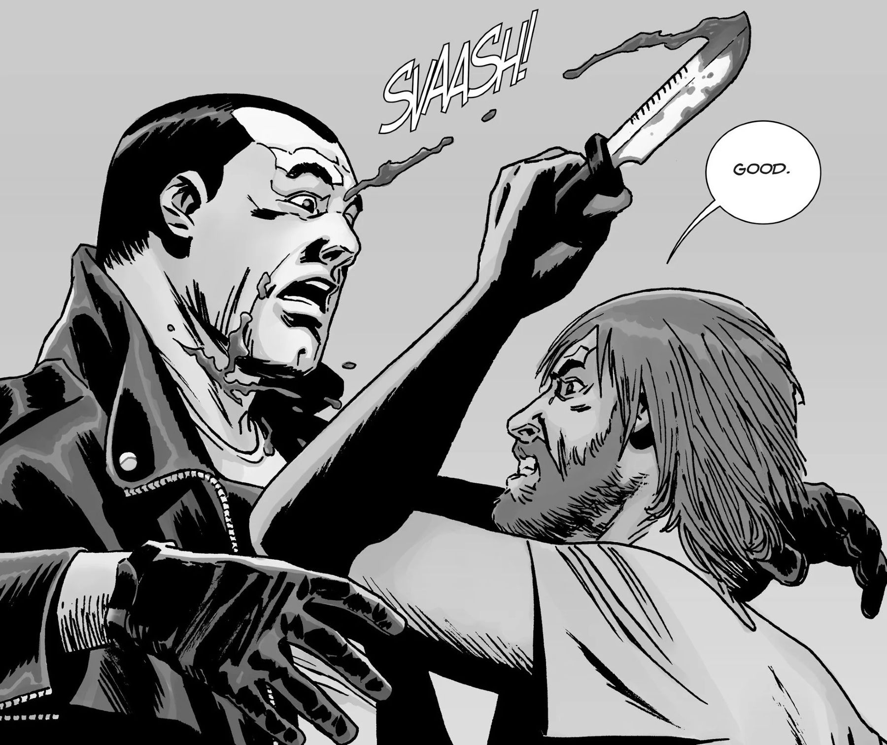 Walking Dead, Rick (non-fatally) slashes Negan's throat