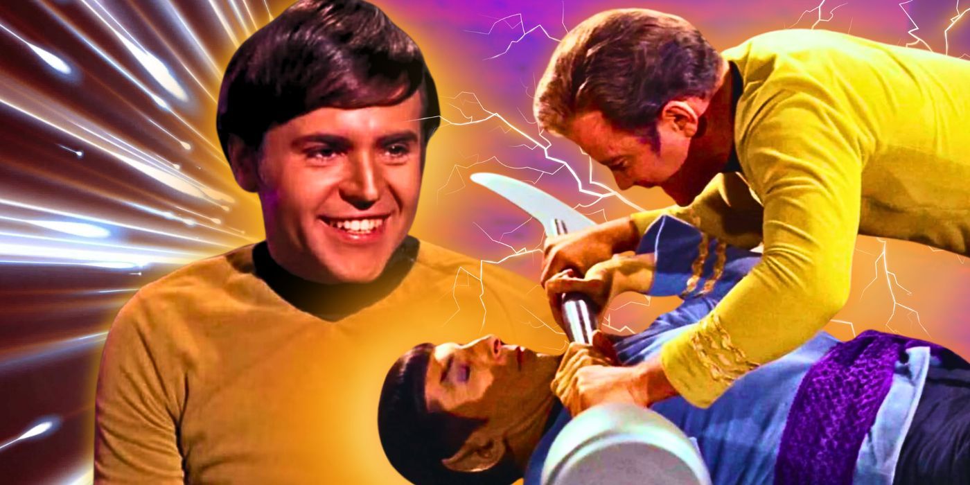 Walter Koenig smiling as Chekov and William Shatner and Leonard Nimoy fighting as Kirk and Spock