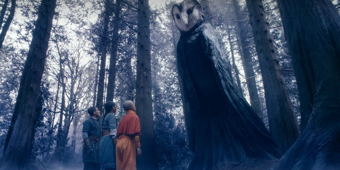 Aang, Katara e Sokka olhando para Wan Shi Tong em Avatar: The Last Airbender da Netflix