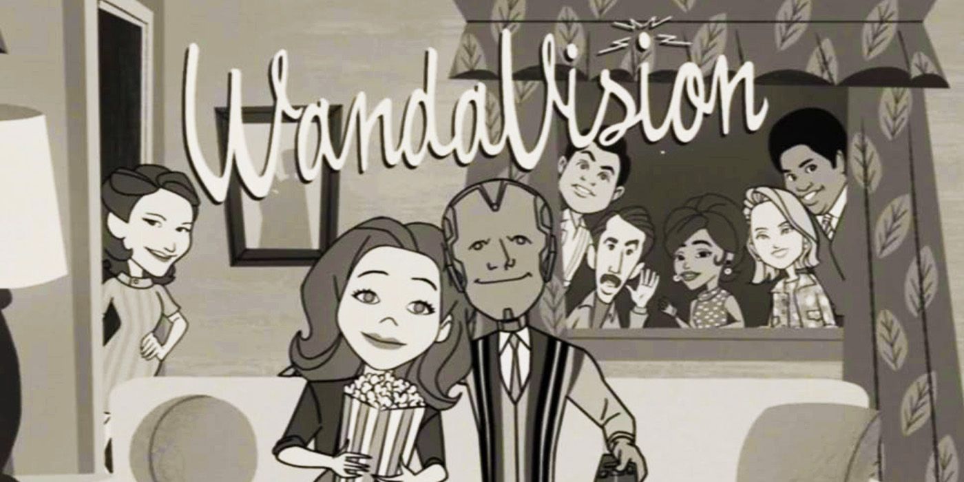 WandaVision episode 2 title card featuring the titular characters in the style of a 1960s cartoon