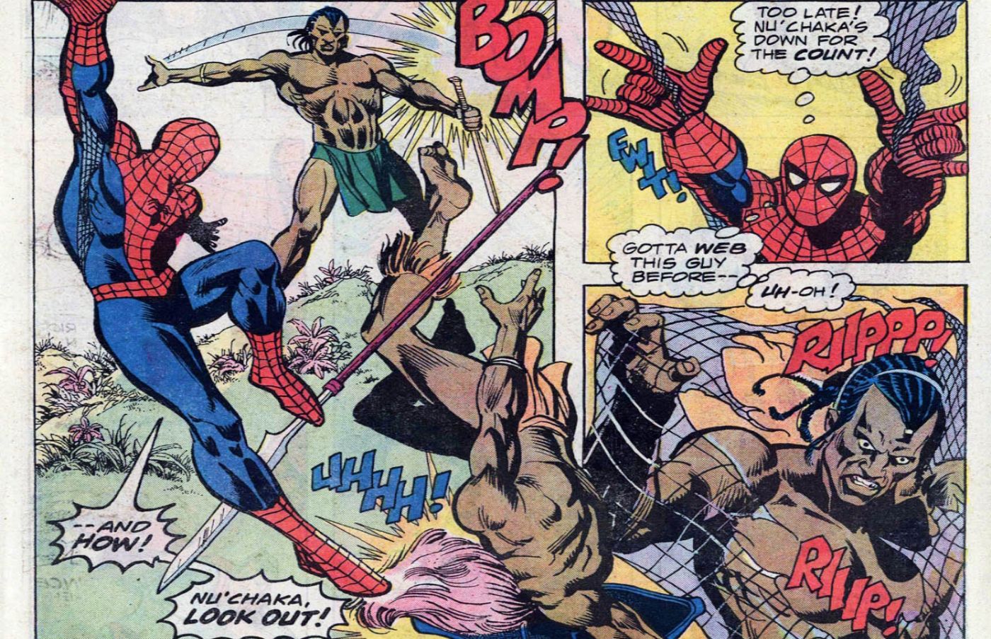 Comic book panels: Warrior Easily Rips Through Spider-Man's Webbing