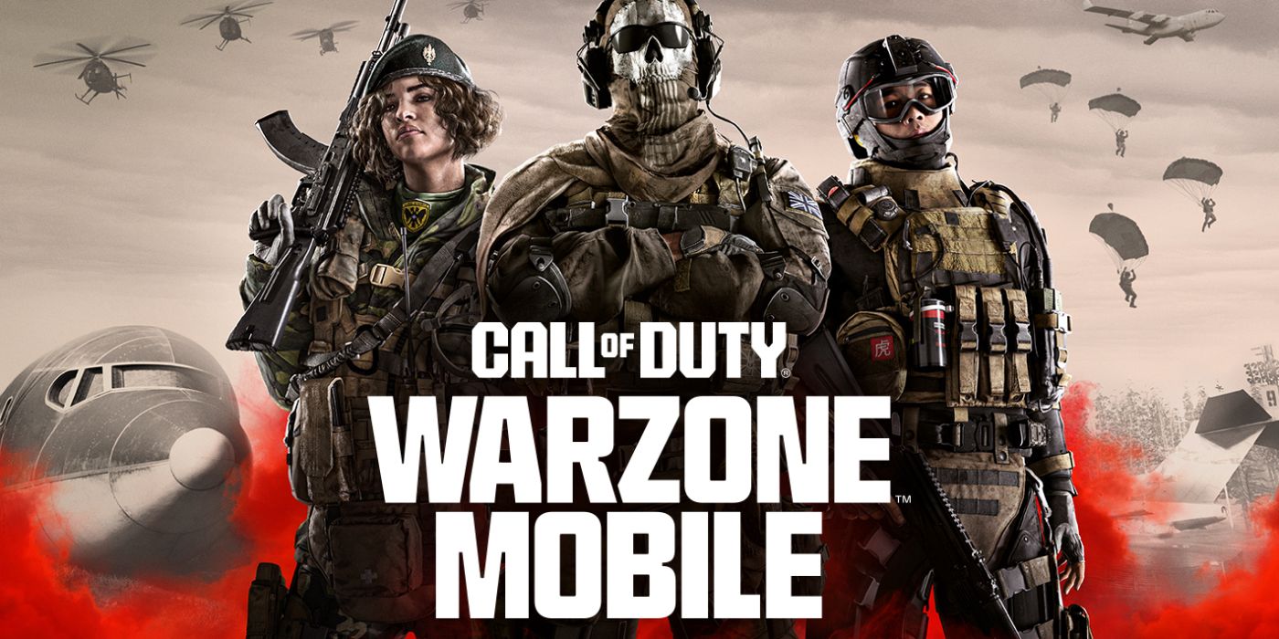Key art for Call of Duty Warzon Mobile, with three characters behind the game's logo, surrounded by people parachuting out of planes.