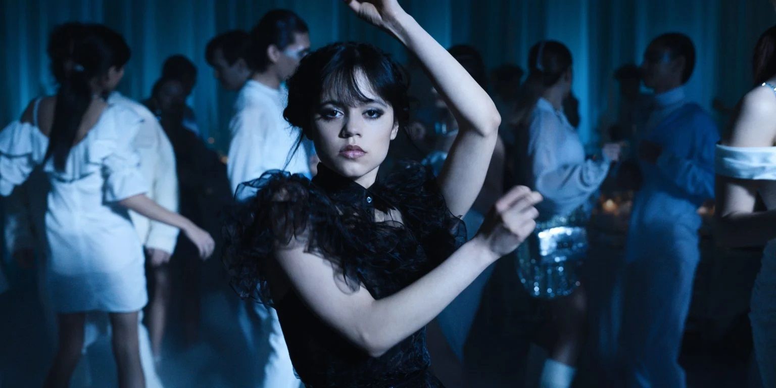 Jenna Ortega dancing in a black dress in Wednesday