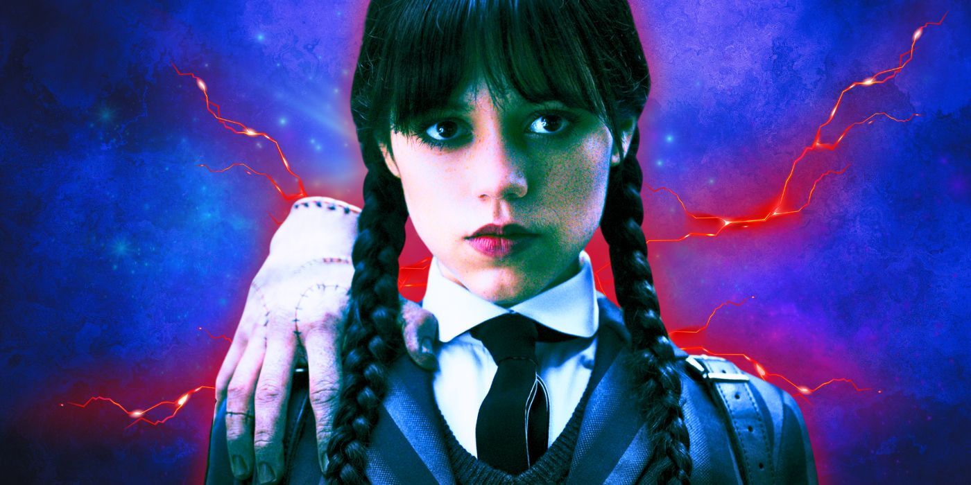 Jenna Ortega as Wednesday Addams with Thing on her shoulder in front of a blue background with red lightning