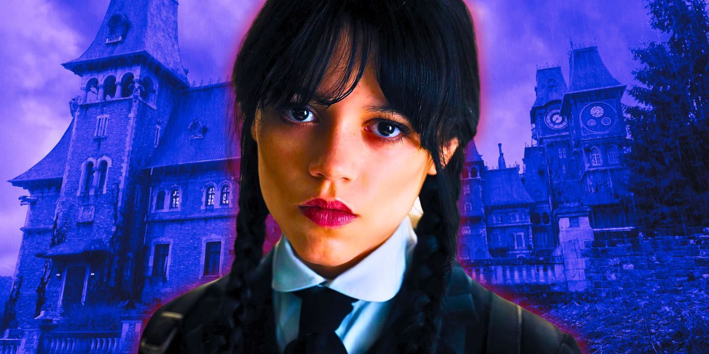 An image of Jenna Ortega as Wednesday Addams against a backdrop of Nevermore Academy in Wednesday