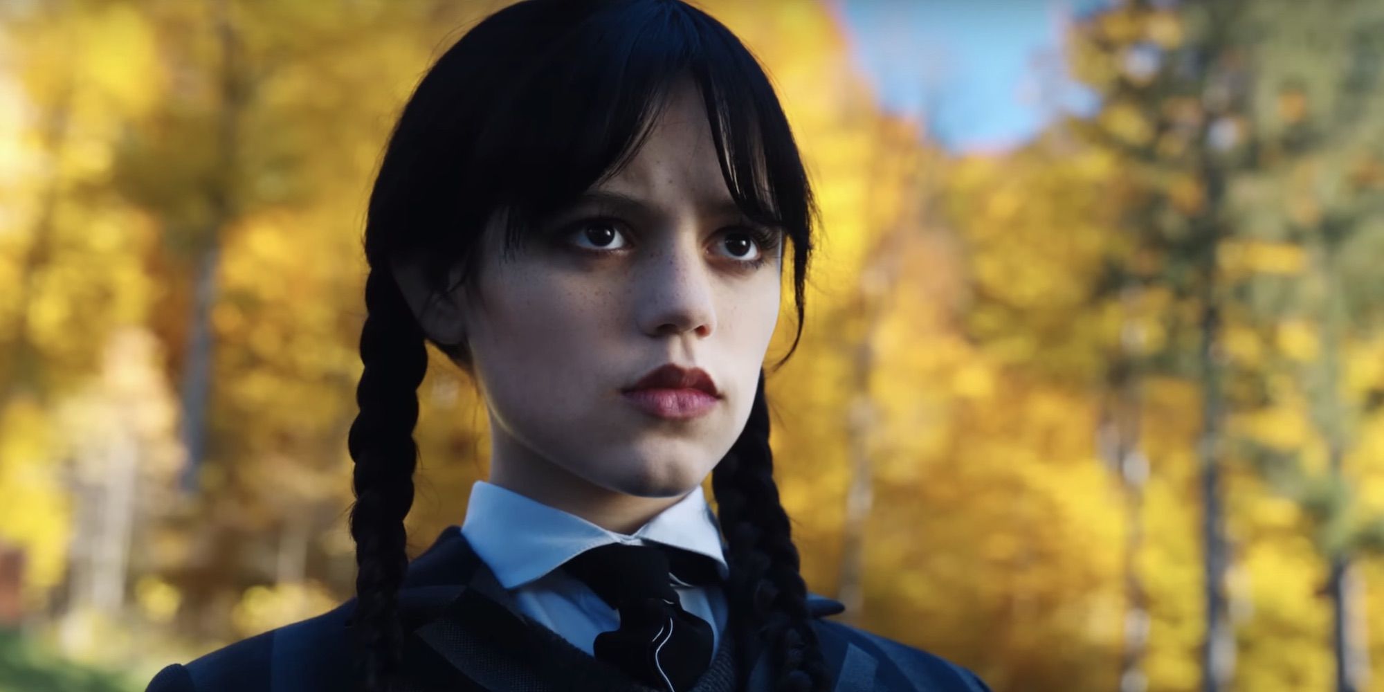 Wednesday (Jenna Ortega) looks serious in Wednesday season 1, episode 2.