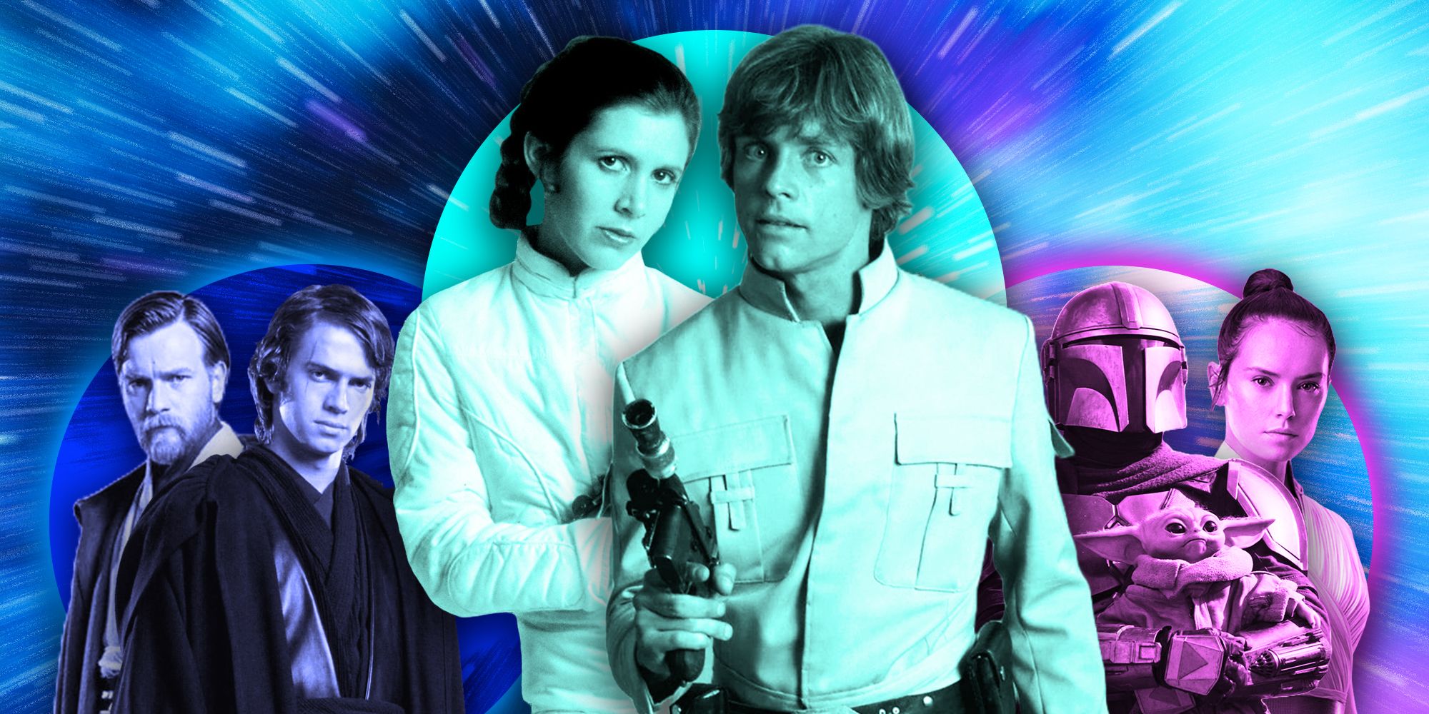 Obi-Wan Kenobi, Anakin Skywalker, Princess Leia, Luke Skywalker, Din Djarin, Grogu, and Rey in Star Wars